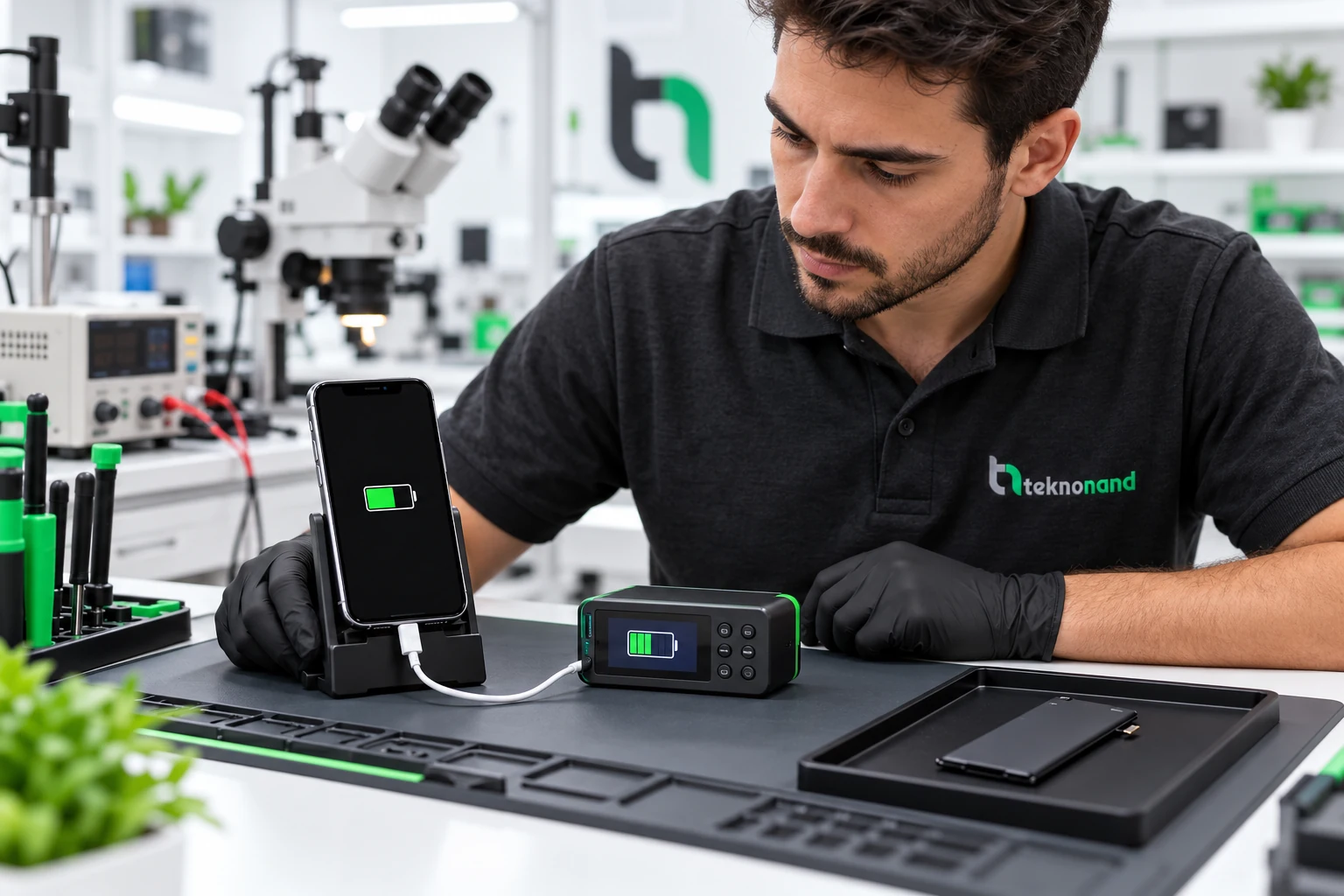 Teknisyen iPhone batarya değerlendirmesi için cihazı kontrol ediyor; temsili yapay zekâ görseli