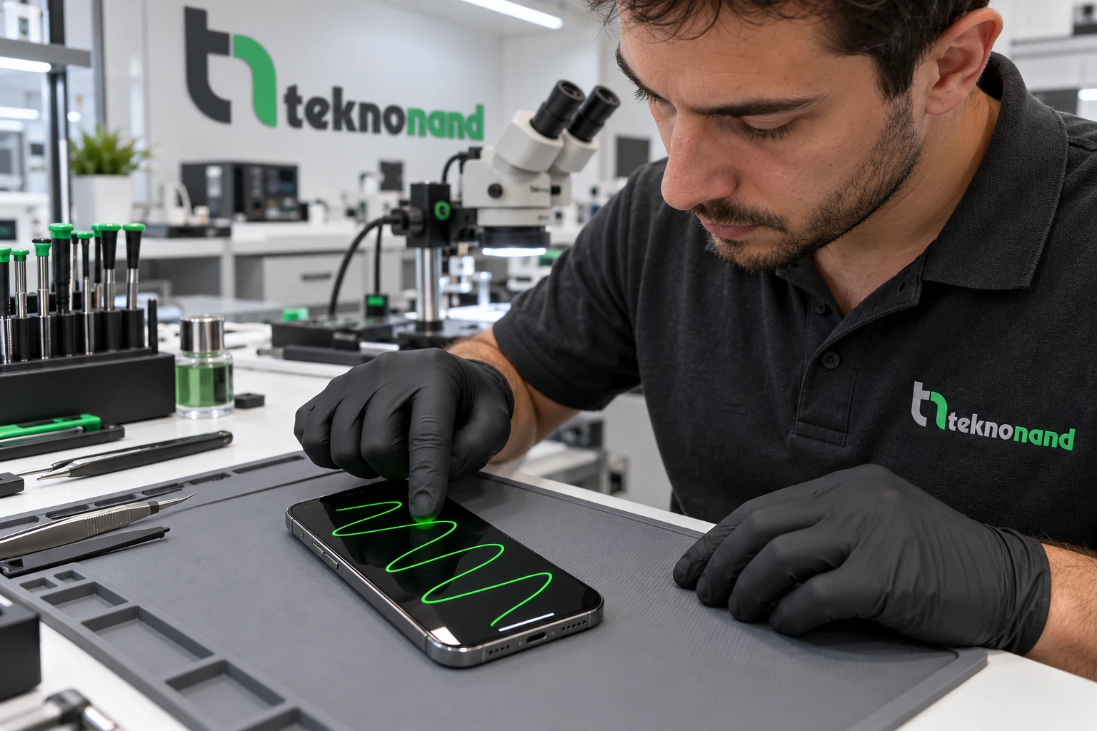 Teknisyen iPhone ön cam yenilemesi sonrası dokunmatik yanıtını kontrol ediyor; temsili yapay zekâ görseli