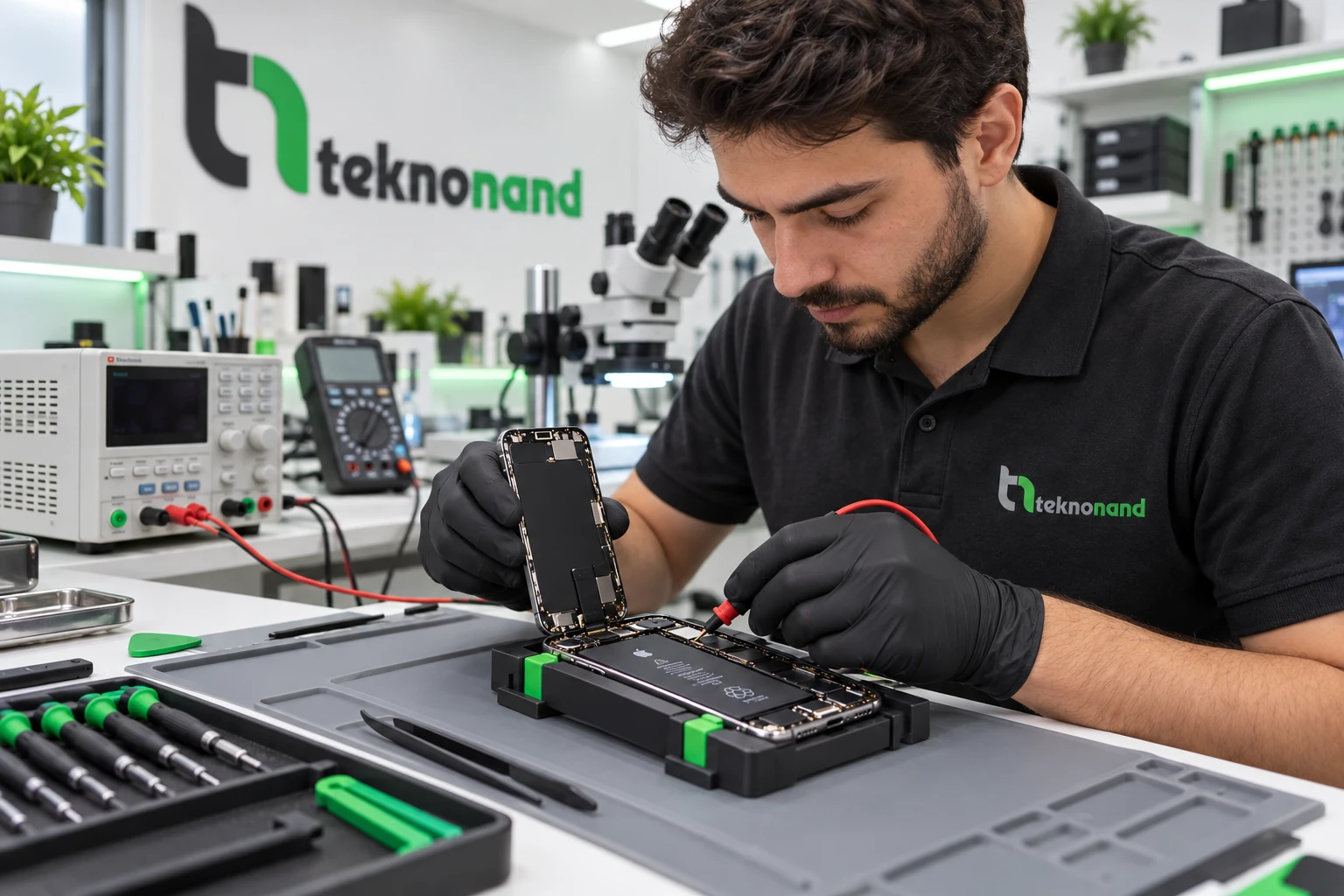 Teknisyen iPhone pil ve güç bağlantılarını inceliyor; temsili yapay zekâ görseli
