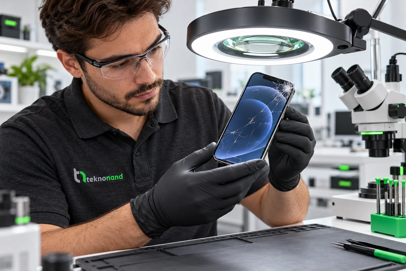 Teknisyen çatlak iPhone ön camını büyüteçli ışık altında inceliyor; temsili yapay zekâ görseli