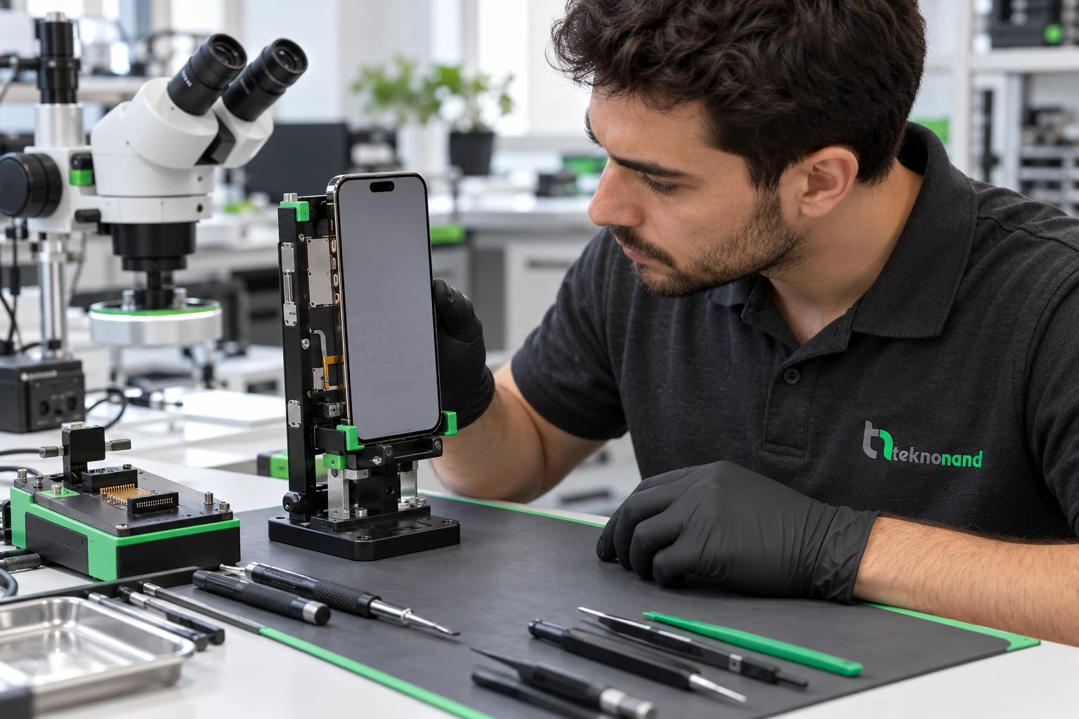 Teknisyen iPhone ekranındaki silik görüntü izini laboratuvarda inceliyor; temsili yapay zekâ görseli