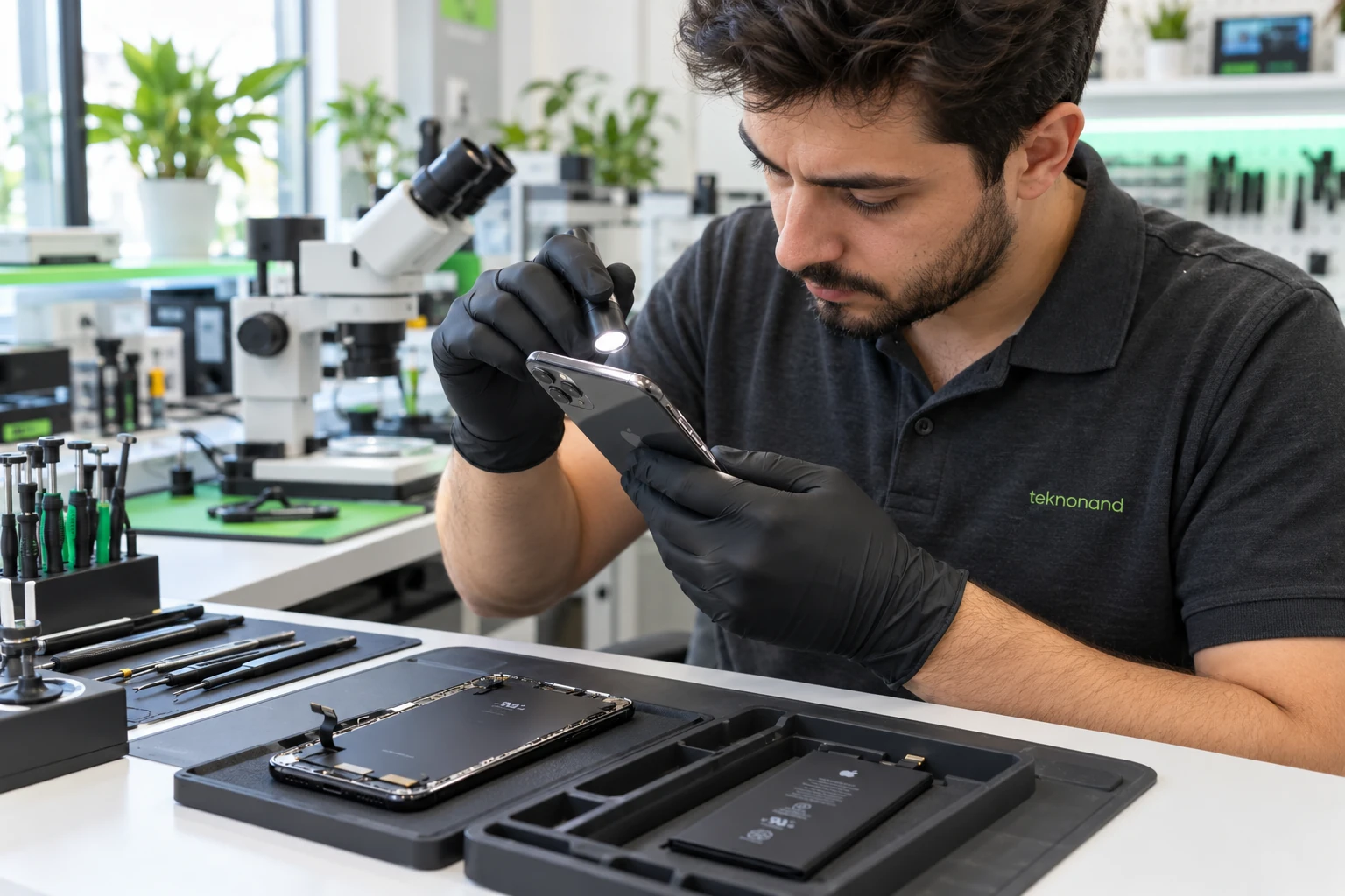 Teknisyen yenilenmiş iPhone’un dış montajını inceliyor; temsili yapay zekâ görseli