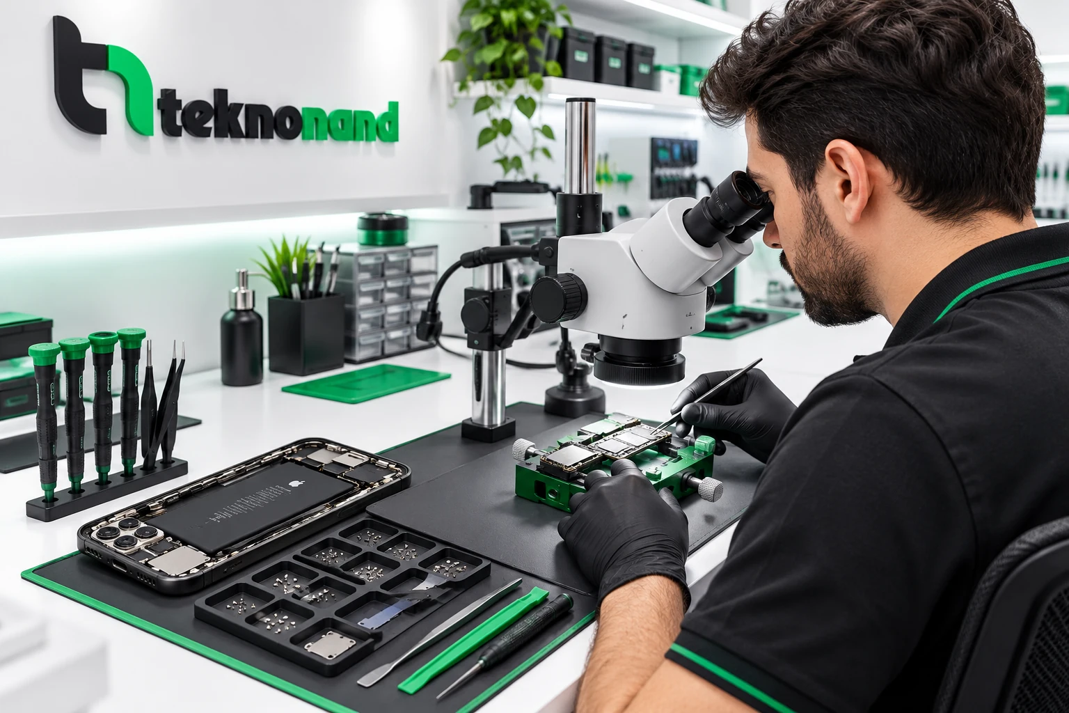 Teknisyen iPhone anakartını mikroskopla inceliyor; temsili yapay zekâ görseli