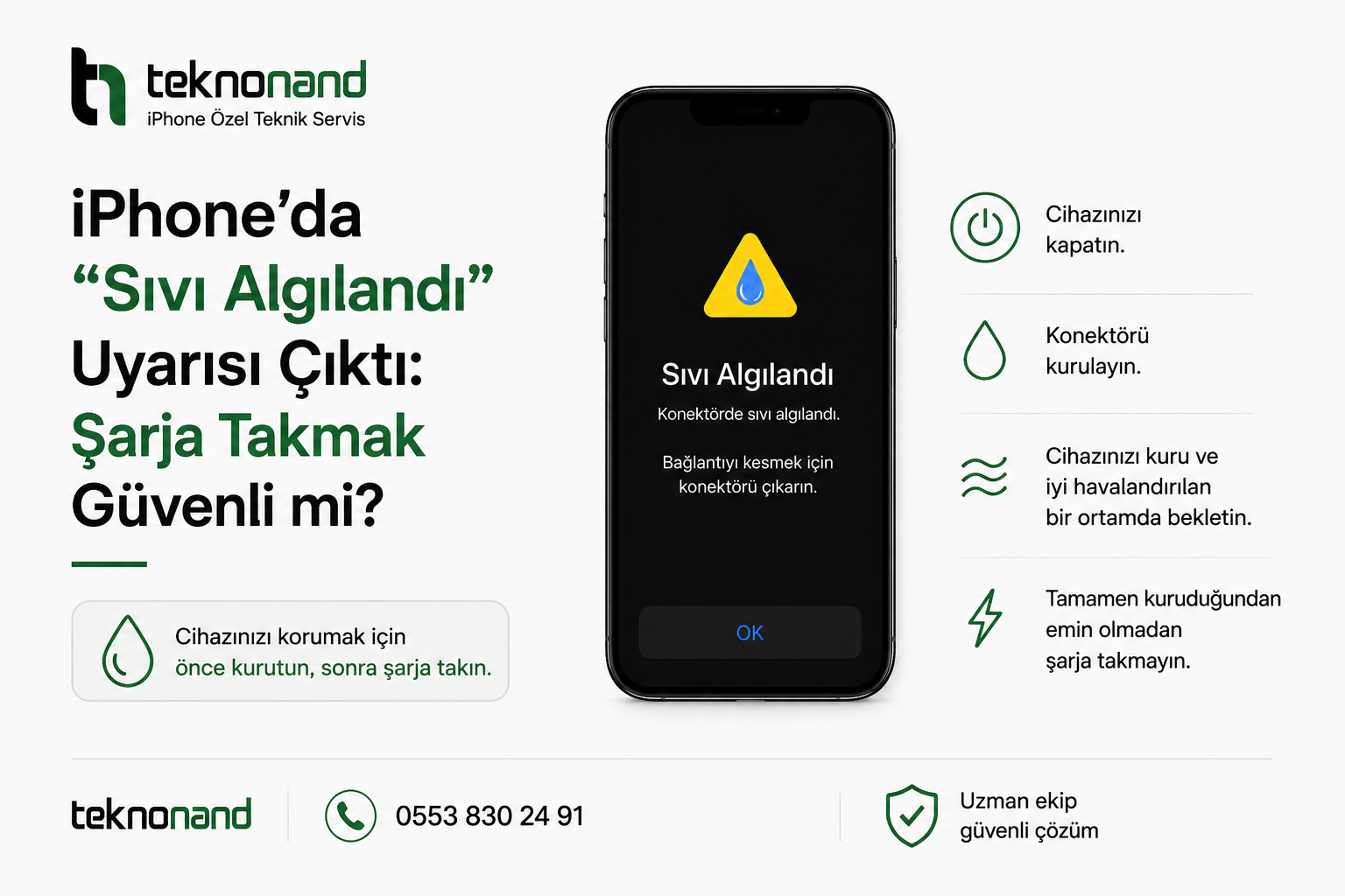 iPhone’da Sıvı Algılandı uyarısı ve güvenli şarj işlemi