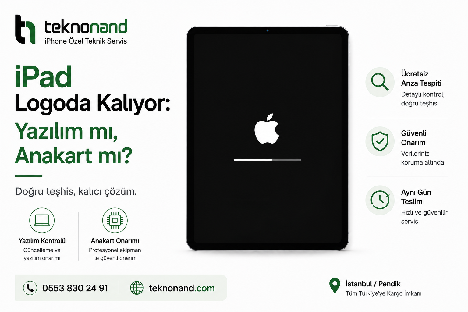 Apple logosunda kalan iPad için yazılım ve anakart kontrolü