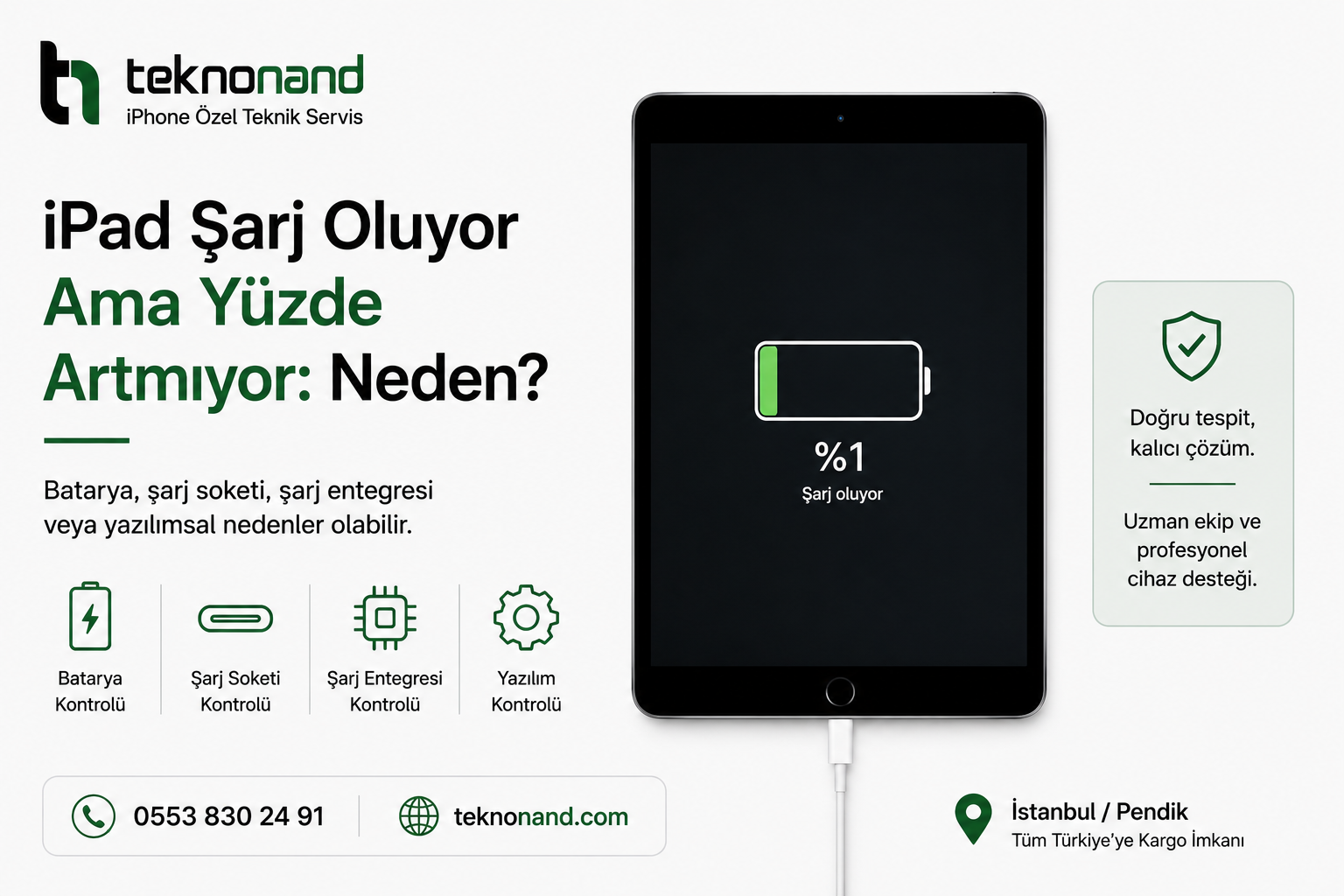 Şarj simgesi görünen fakat pil yüzdesi artmayan iPad