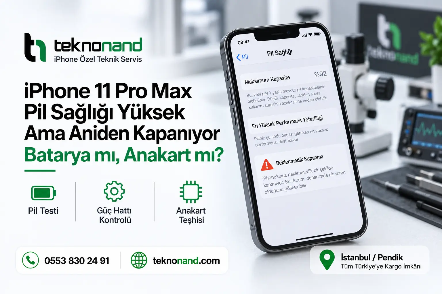 iPhone 11 Pro Max Pil Sağlığı Yüksek Görünüyor Ama Aniden Kapanıyor: Batarya mı, Anakart mı?