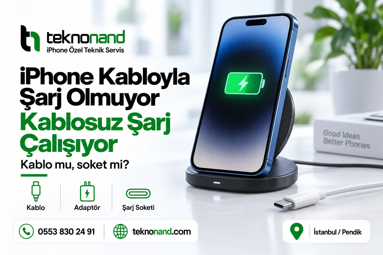 Kabloyla şarj olmayan ancak kablosuz şarjı çalışan iPhone için kablo, adaptör ve soket kontrolü