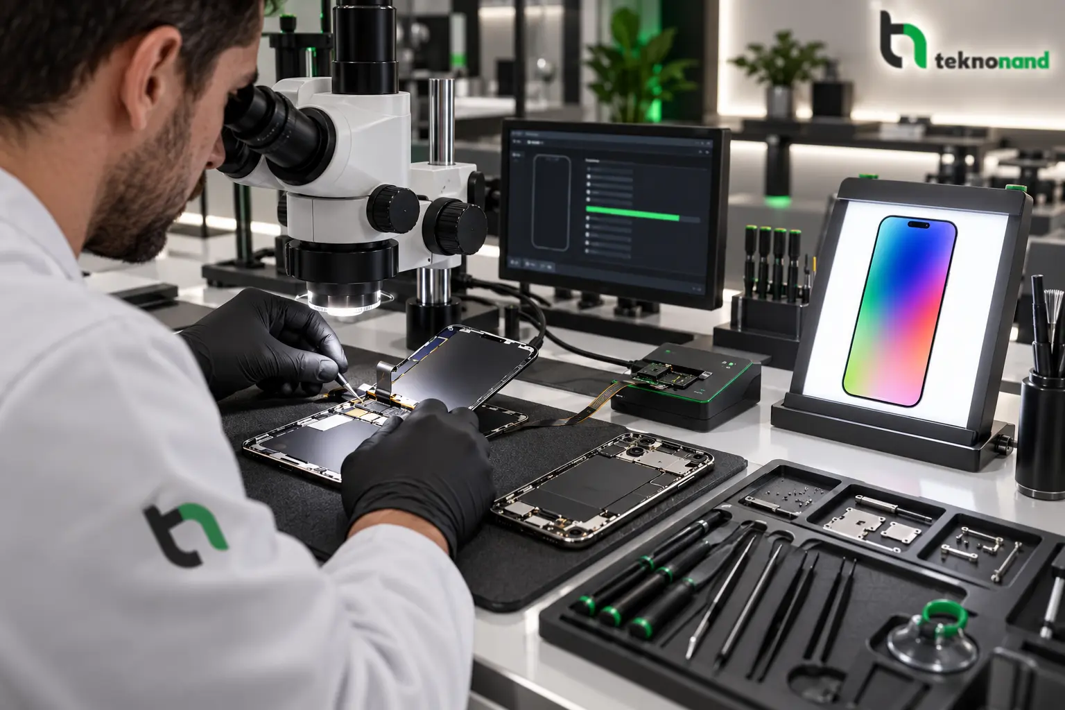 Teknonand laboratuvarında iPhone 15 ekran kalibrasyonu ve montajı