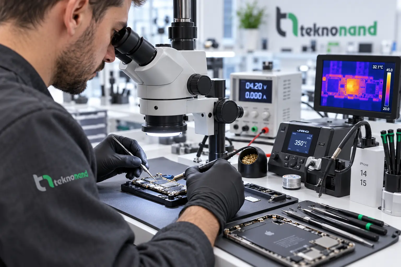 Teknonand laboratuvarında iPhone 14 Plus anakartının mikroskop altında incelenmesi
