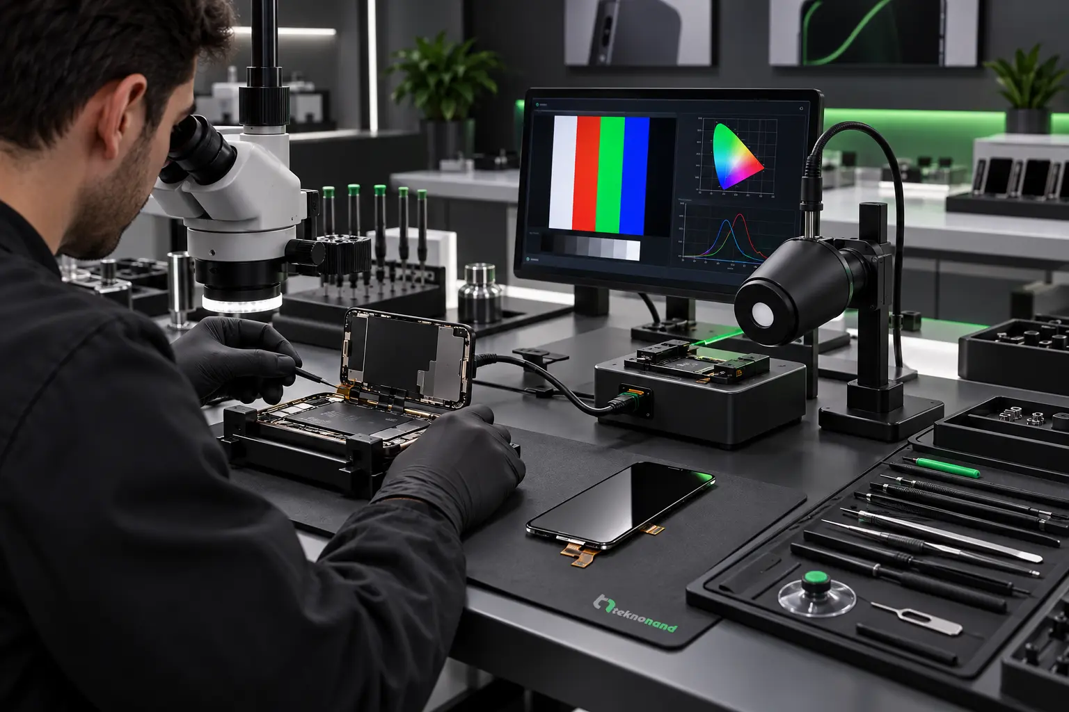 Teknonand laboratuvarında iPhone 17 Air ekran kalibrasyonu ve montajı
