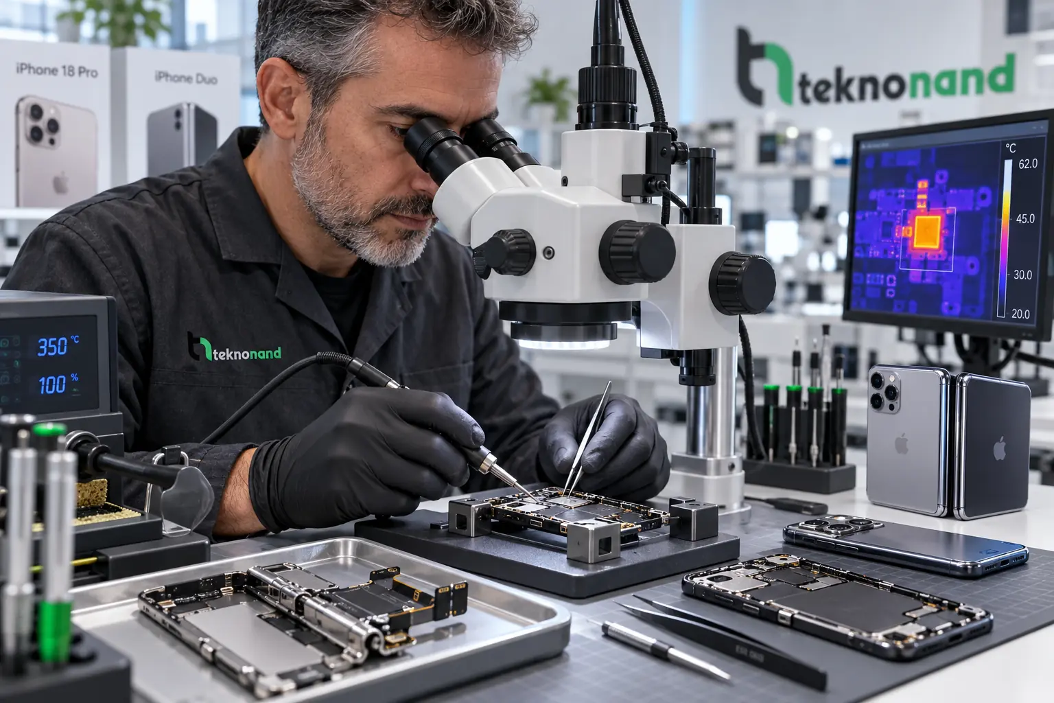 Teknonand laboratuvarında iPhone 18 Pro anakartının mikroskop altında incelenmesi