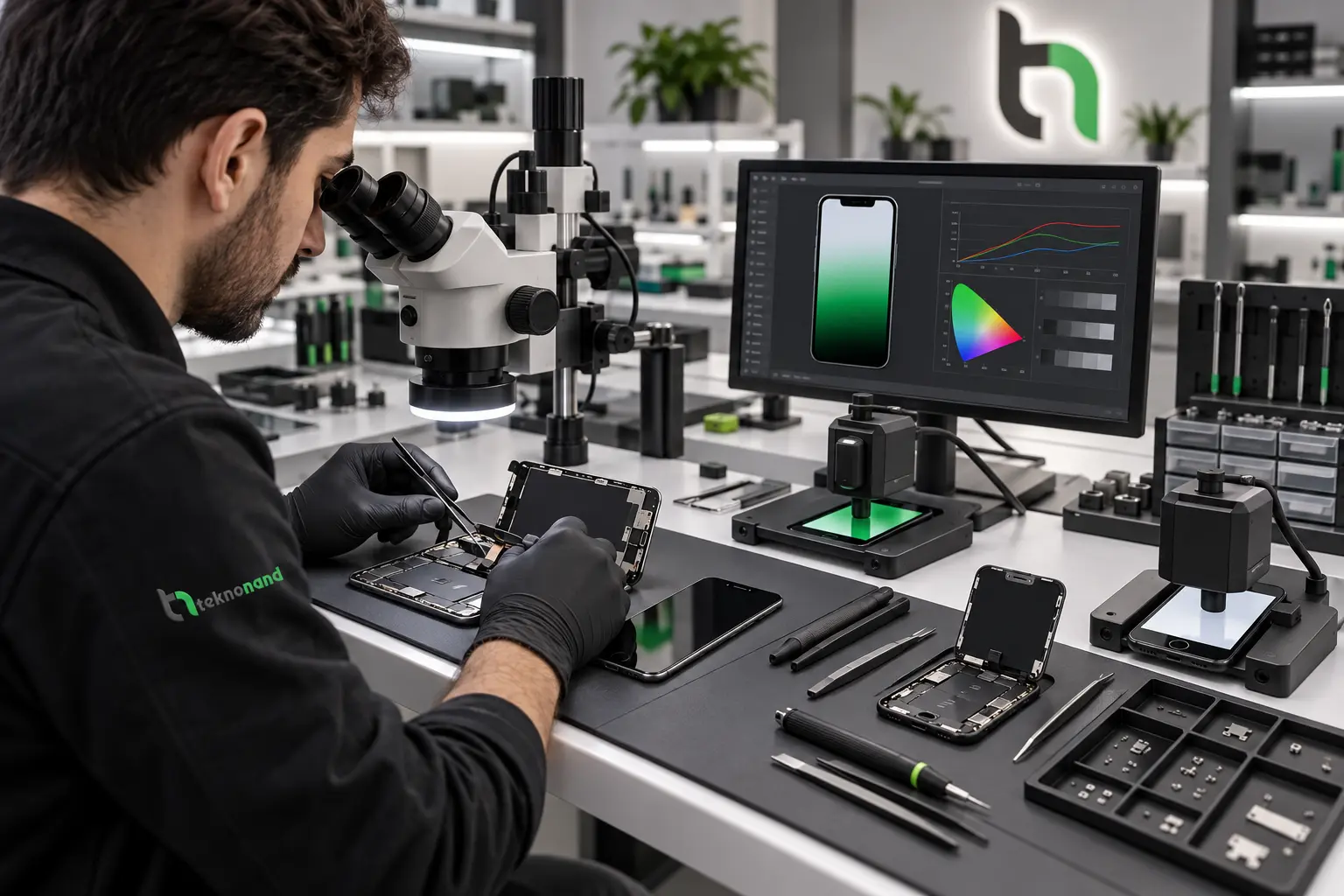 Teknonand laboratuvarında iPhone XS Max ekran kalibrasyonu ve montajı