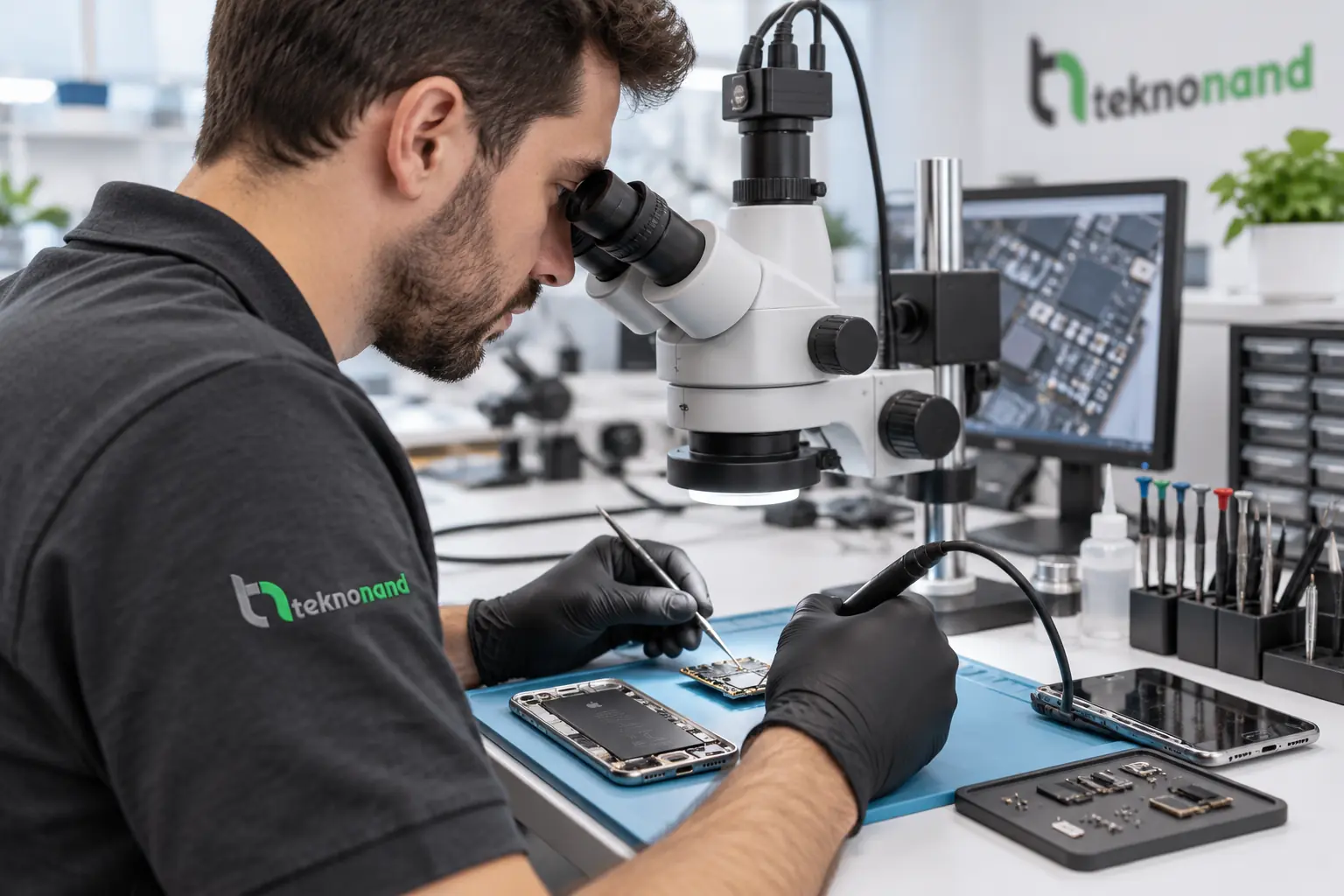 Teknonand laboratuvarında iPhone X anakartının mikroskop altında incelenmesi