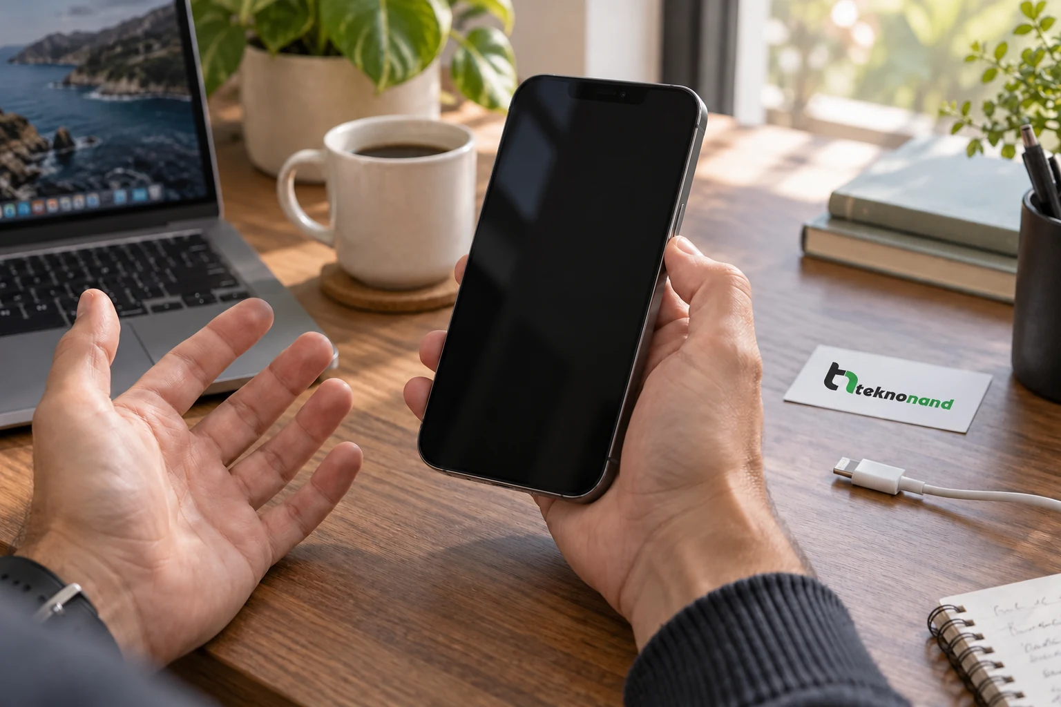 Çalışma masasında açılmayan siyah ekranlı iPhone 13 Pro Max cihazını elinde tutan müşteri; Teknonand logolu temsili sahne
