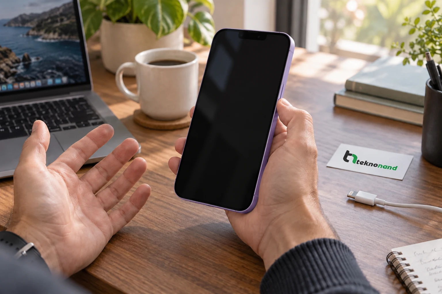 Çalışma masasında açılmayan siyah ekranlı iPhone 14 Plus cihazını elinde tutan müşteri; Teknonand logolu temsili sahne