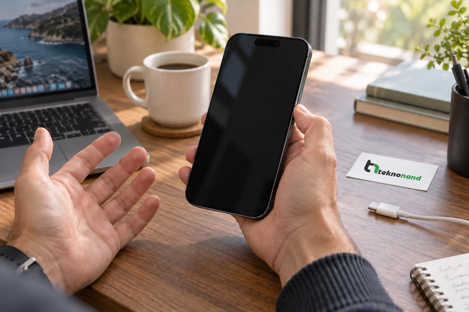 Çalışma masasında açılmayan siyah ekranlı iPhone 14 Pro Max cihazını elinde tutan müşteri; Teknonand logolu temsili sahne