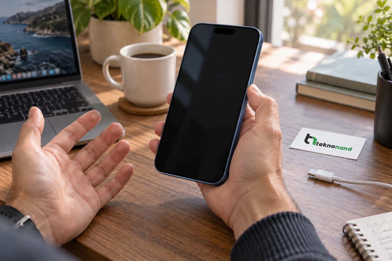 Çalışma masasında açılmayan siyah ekranlı iPhone 15 Pro Max cihazını elinde tutan müşteri; Teknonand logolu temsili sahne