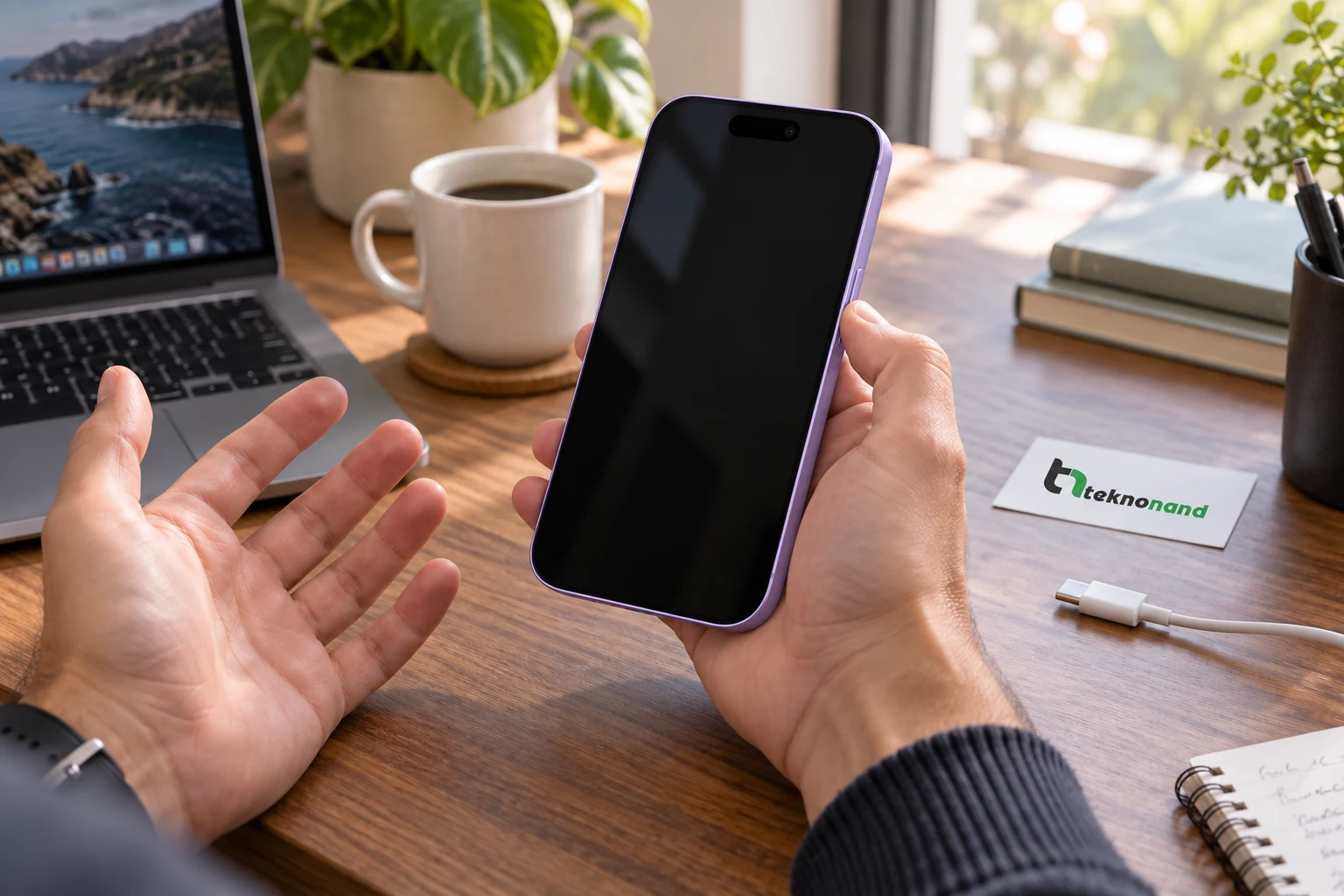 Çalışma masasında açılmayan siyah ekranlı iPhone 17 cihazını elinde tutan müşteri; Teknonand logolu temsili sahne