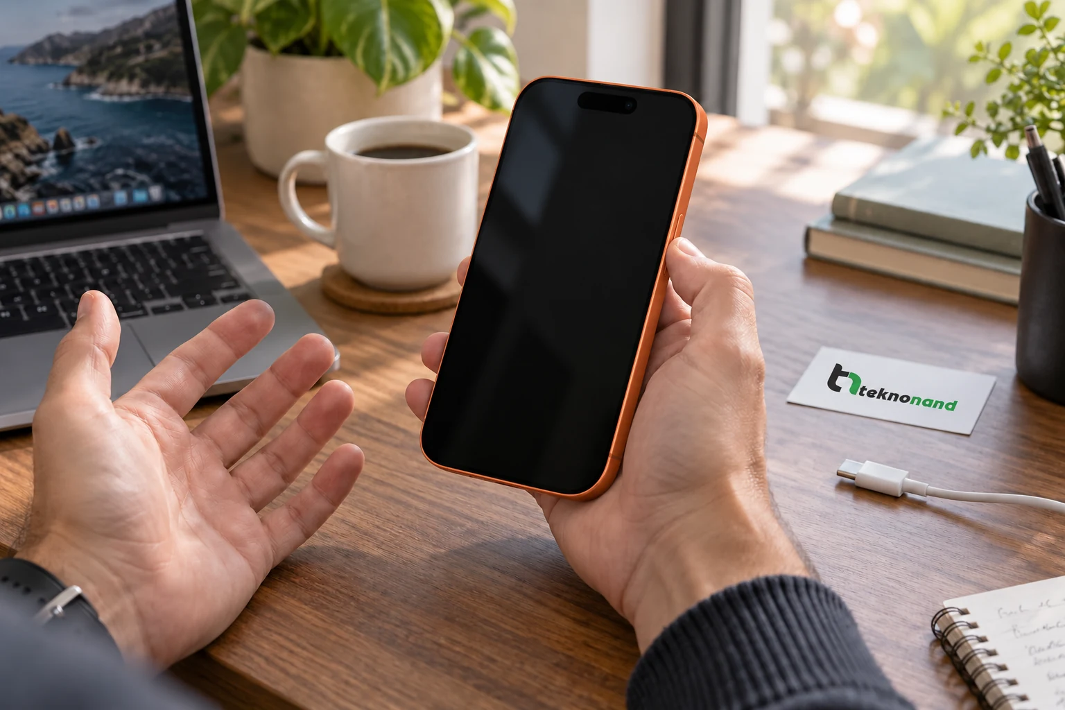 Çalışma masasında açılmayan siyah ekranlı iPhone 17 Pro cihazını elinde tutan müşteri; Teknonand logolu temsili sahne