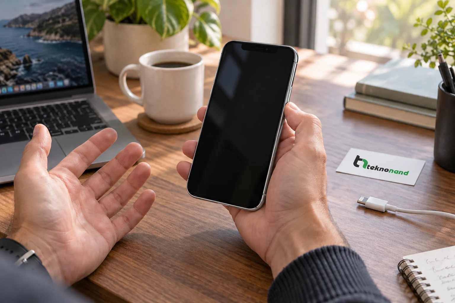 Çalışma masasında açılmayan siyah ekranlı iPhone X cihazını elinde tutan müşteri; Teknonand logolu temsili sahne