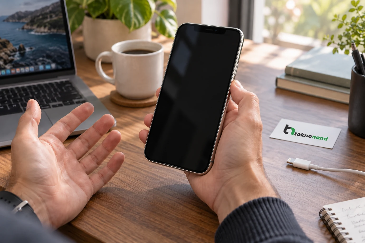 Çalışma masasında açılmayan siyah ekranlı iPhone XS Max cihazını elinde tutan müşteri; Teknonand logolu temsili sahne
