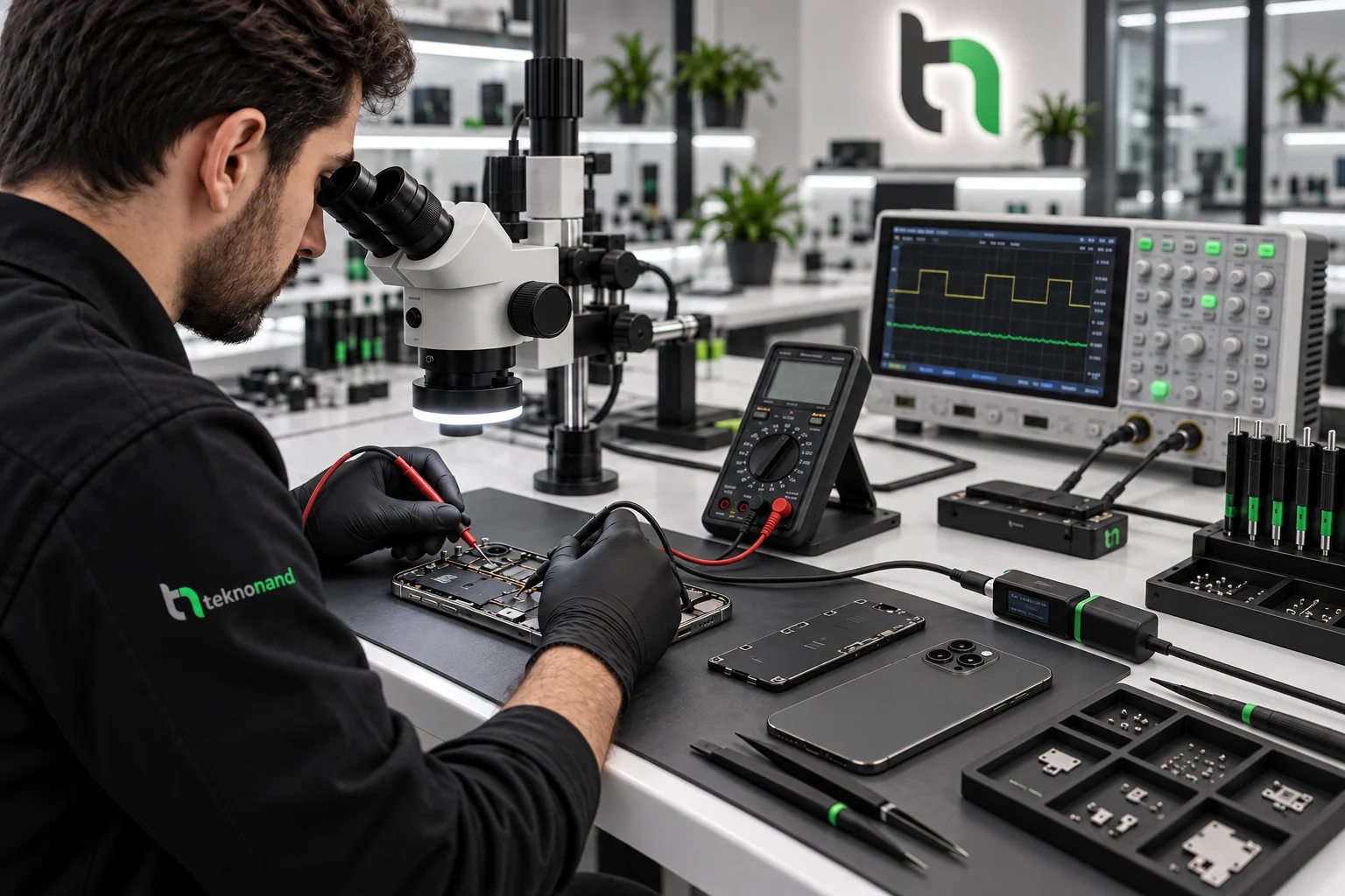 iPhone 15 cihaz ailesinde güç hattının mikroskop ve ölçüm cihazlarıyla incelendiği temsili laboratuvar