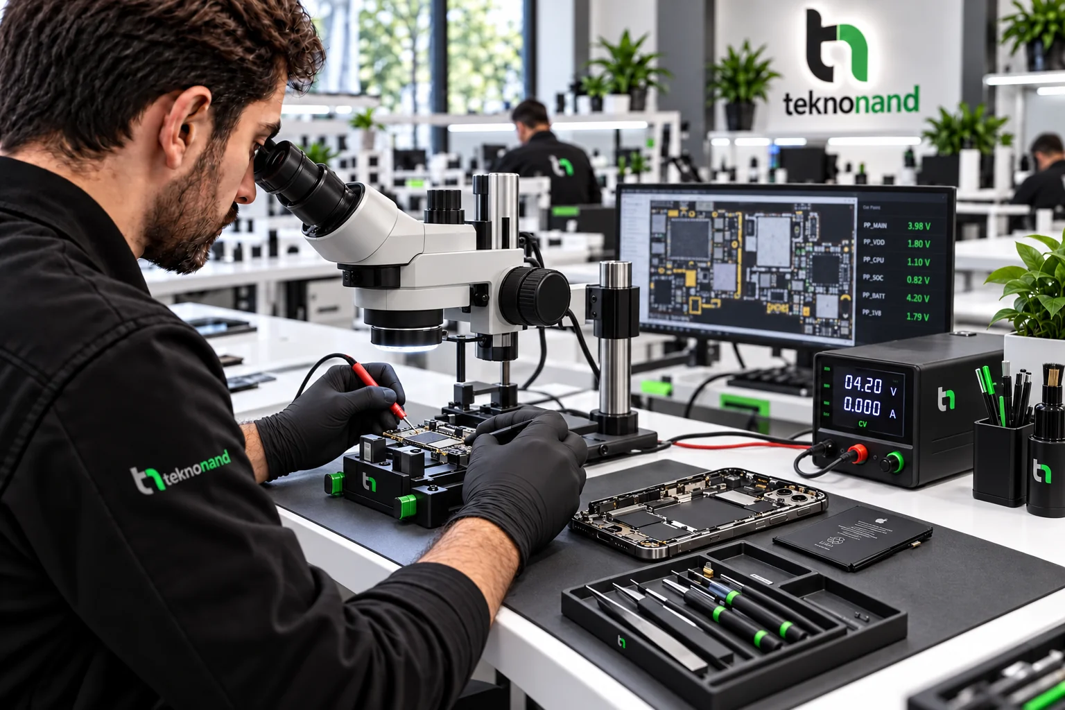 Teknonand laboratuvarında mikroskop altında iPhone anakart devre ölçümü; temsili görsel
