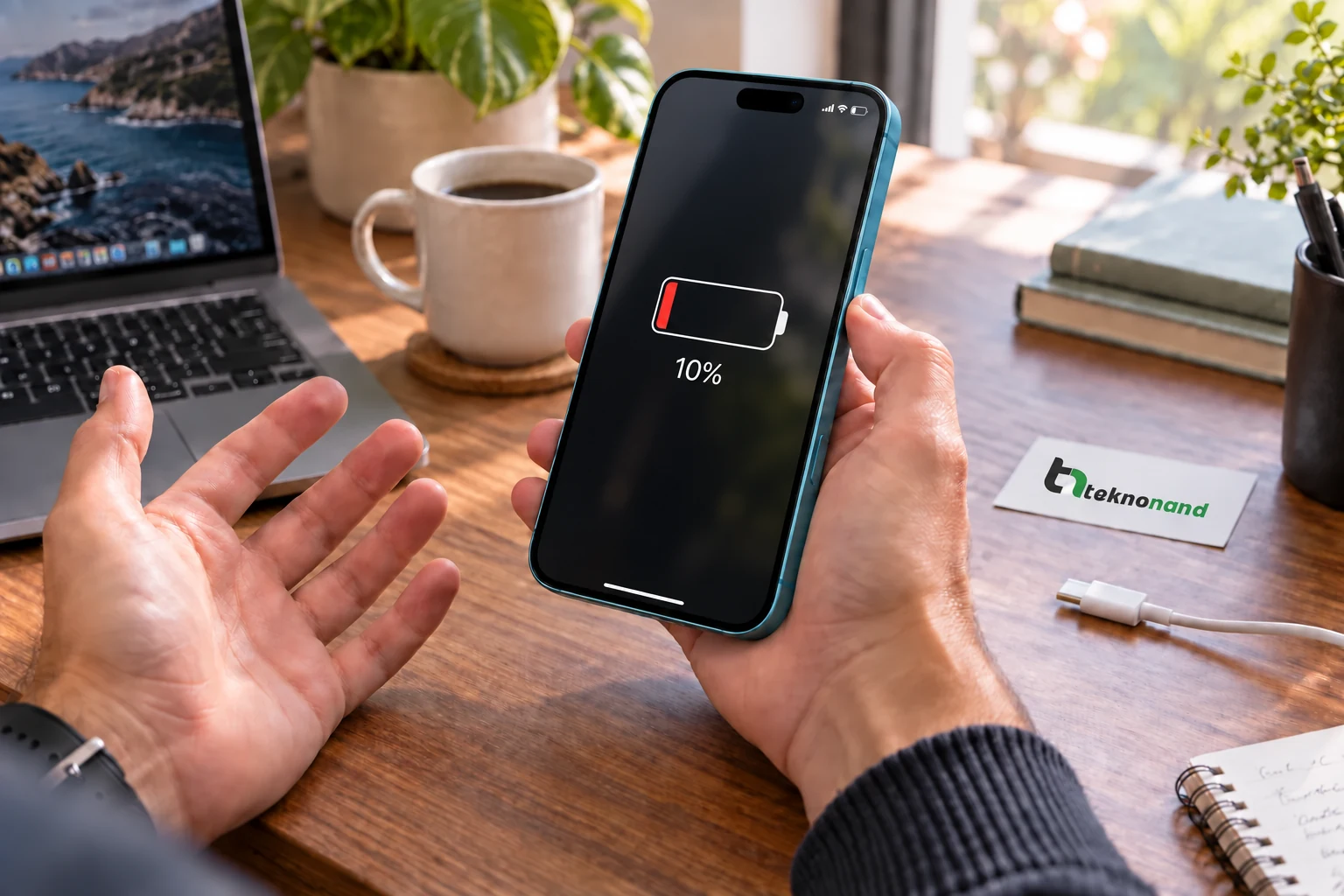 iPhone 16 Plus ile düşük şarj seviyesini fark eden müşteri; Teknonand logolu masa