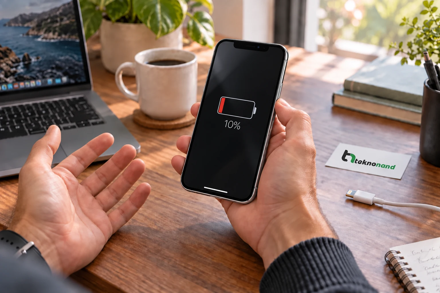 iPhone X ile düşük şarj seviyesini fark eden müşteri; Teknonand logolu masa