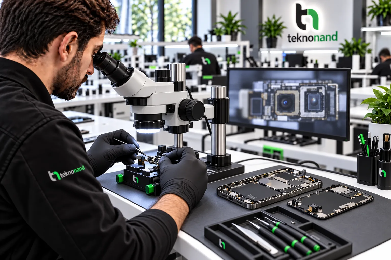 iPhone 16 Plus TrueDepth sensör ve bağlantı incelemesini anlatan temsili laboratuvar sahnesi