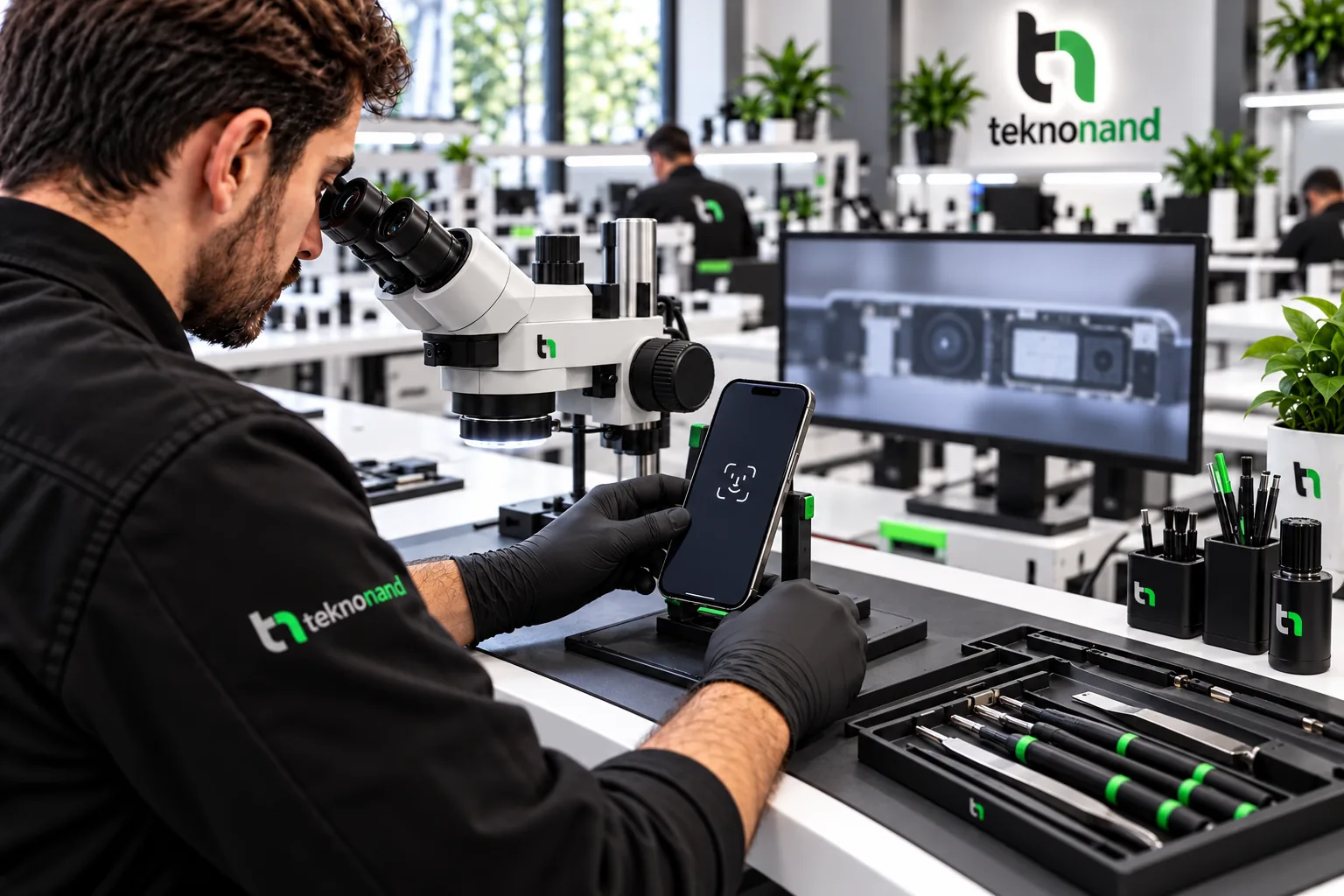iPhone 17 TrueDepth sensör ve bağlantı incelemesini anlatan temsili laboratuvar sahnesi