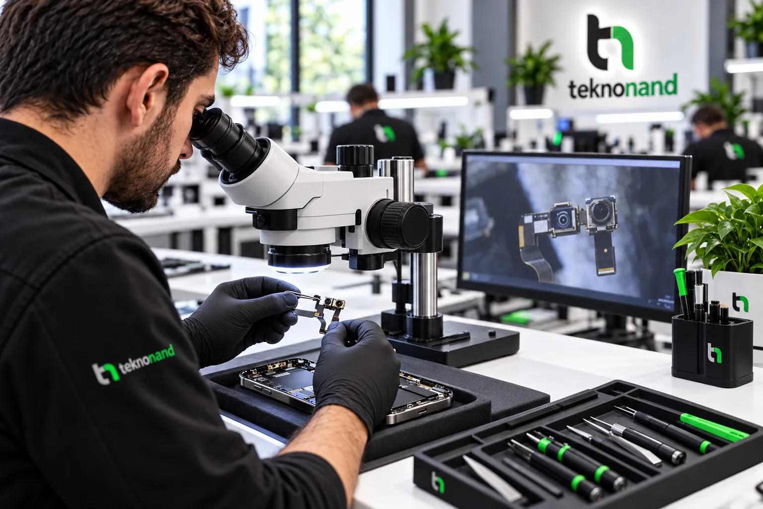 iPhone X TrueDepth sensör ve bağlantı incelemesini anlatan temsili laboratuvar sahnesi