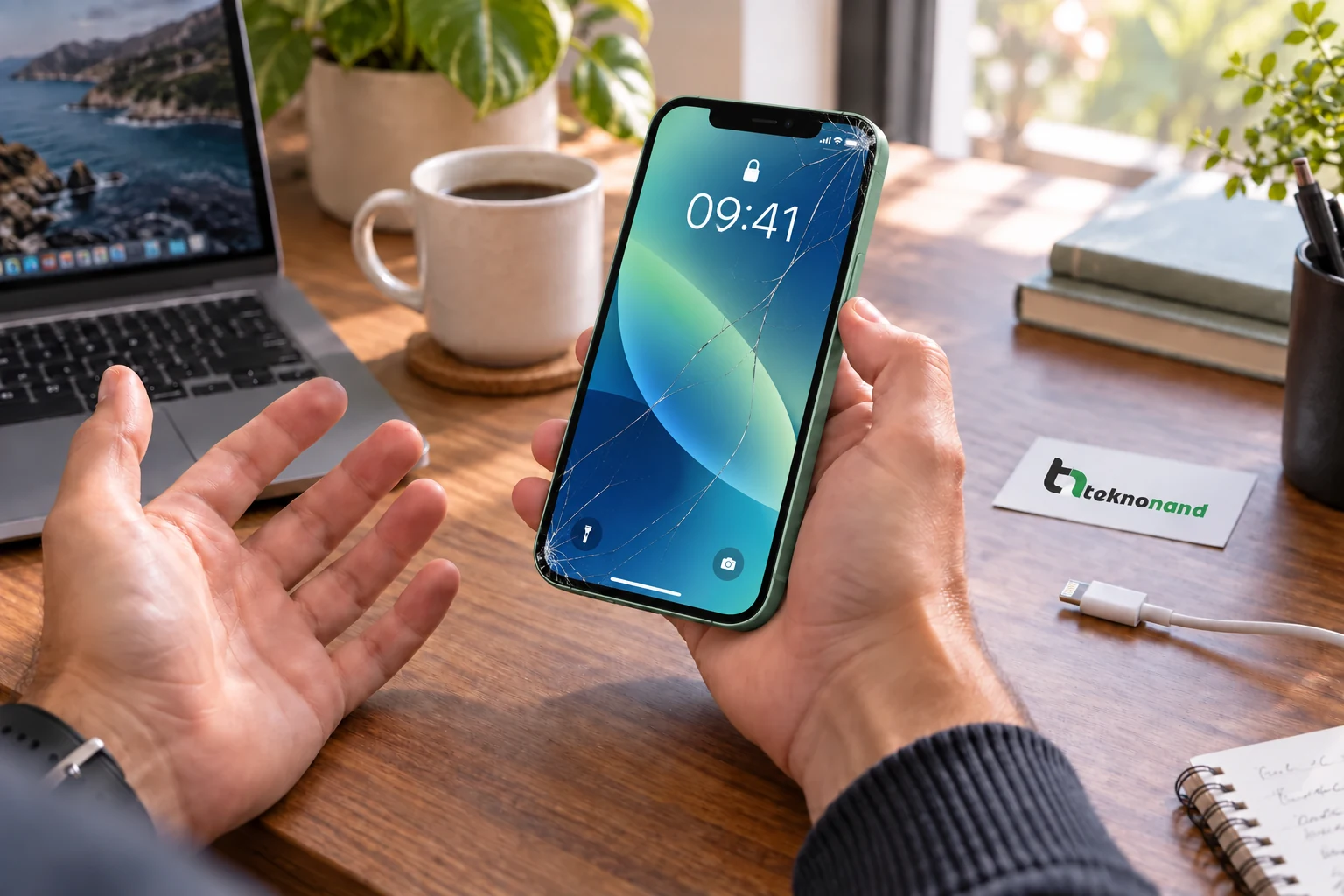 iPhone 12 ön camındaki çatlağı fark eden müşteri; görüntüsü çalışan ekran ve Teknonand logolu masa
