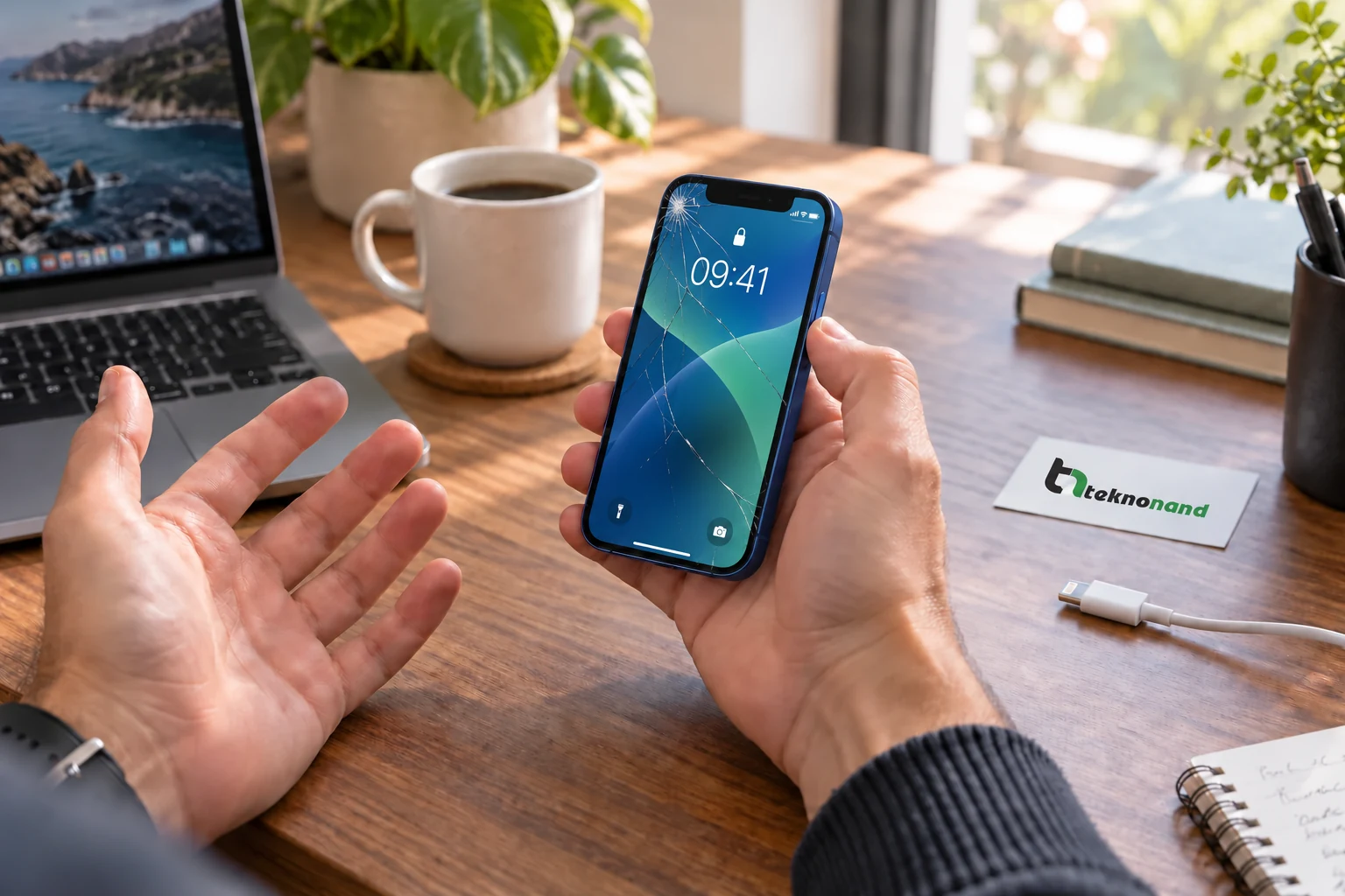 iPhone 12 mini ön camındaki çatlağı fark eden müşteri; görüntüsü çalışan ekran ve Teknonand logolu masa