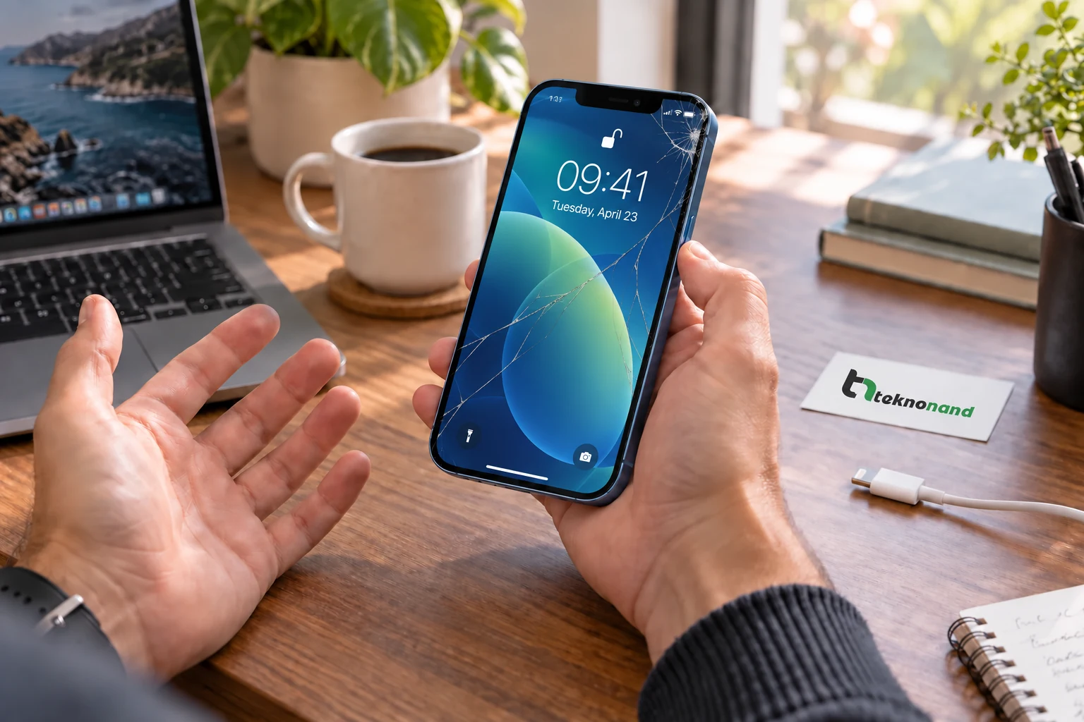 iPhone 12 Pro ön camındaki çatlağı fark eden müşteri; görüntüsü çalışan ekran ve Teknonand logolu masa