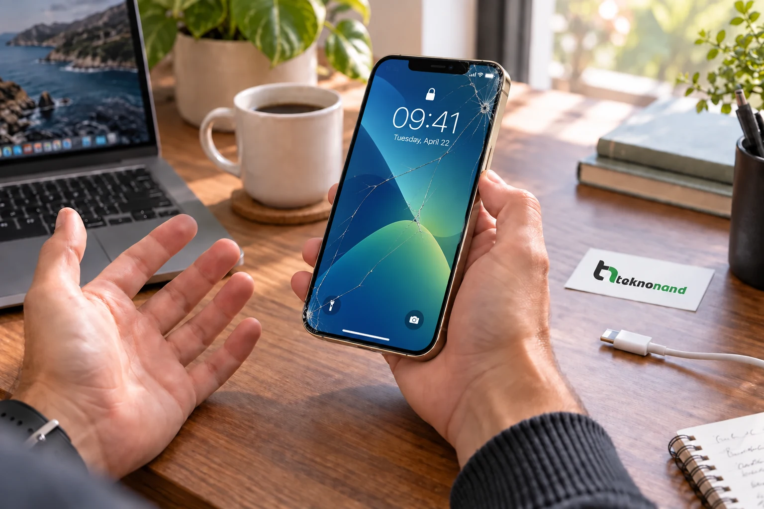 iPhone 12 Pro Max ön camındaki çatlağı fark eden müşteri; görüntüsü çalışan ekran ve Teknonand logolu masa
