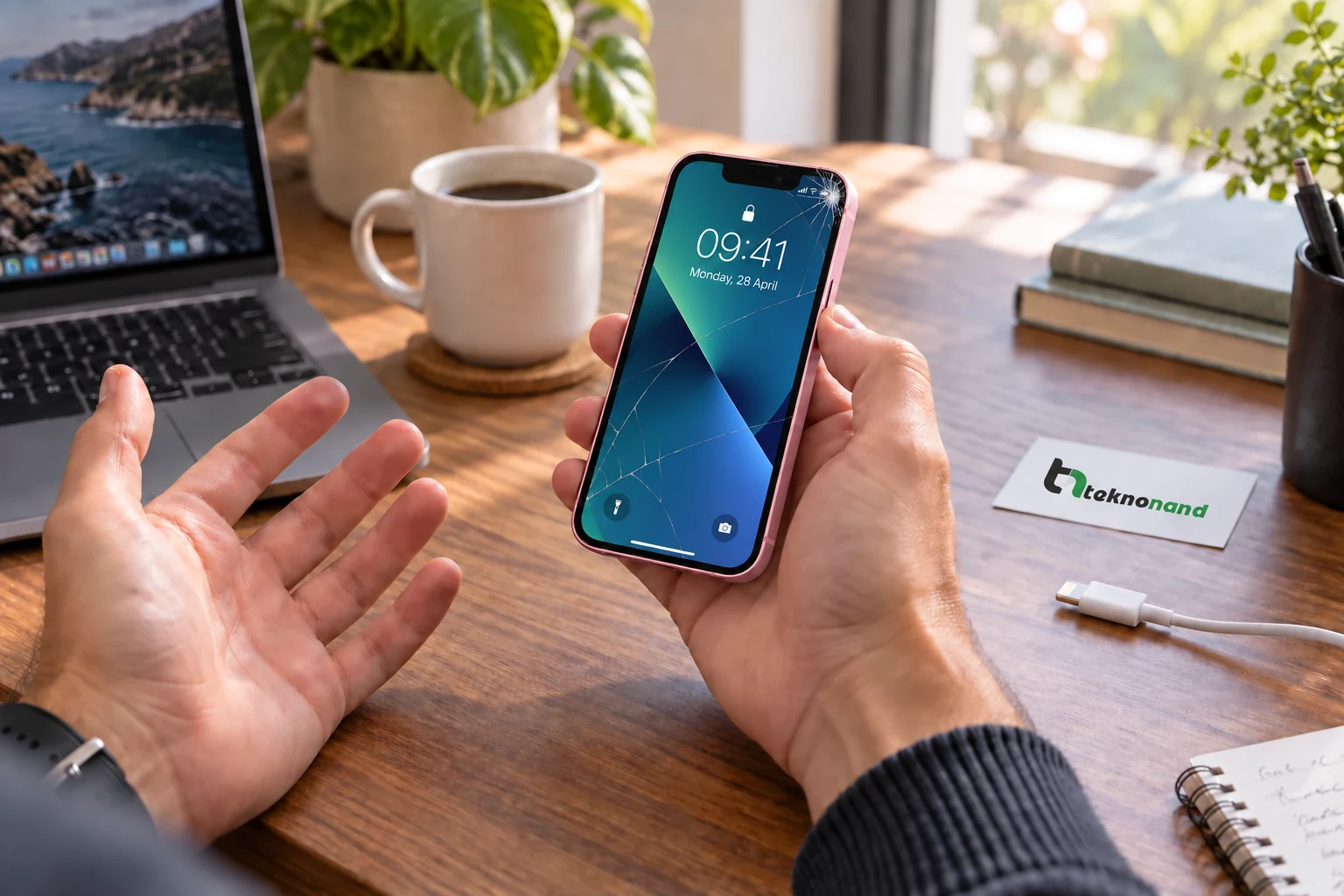 iPhone 13 mini ön camındaki çatlağı fark eden müşteri; görüntüsü çalışan ekran ve Teknonand logolu masa