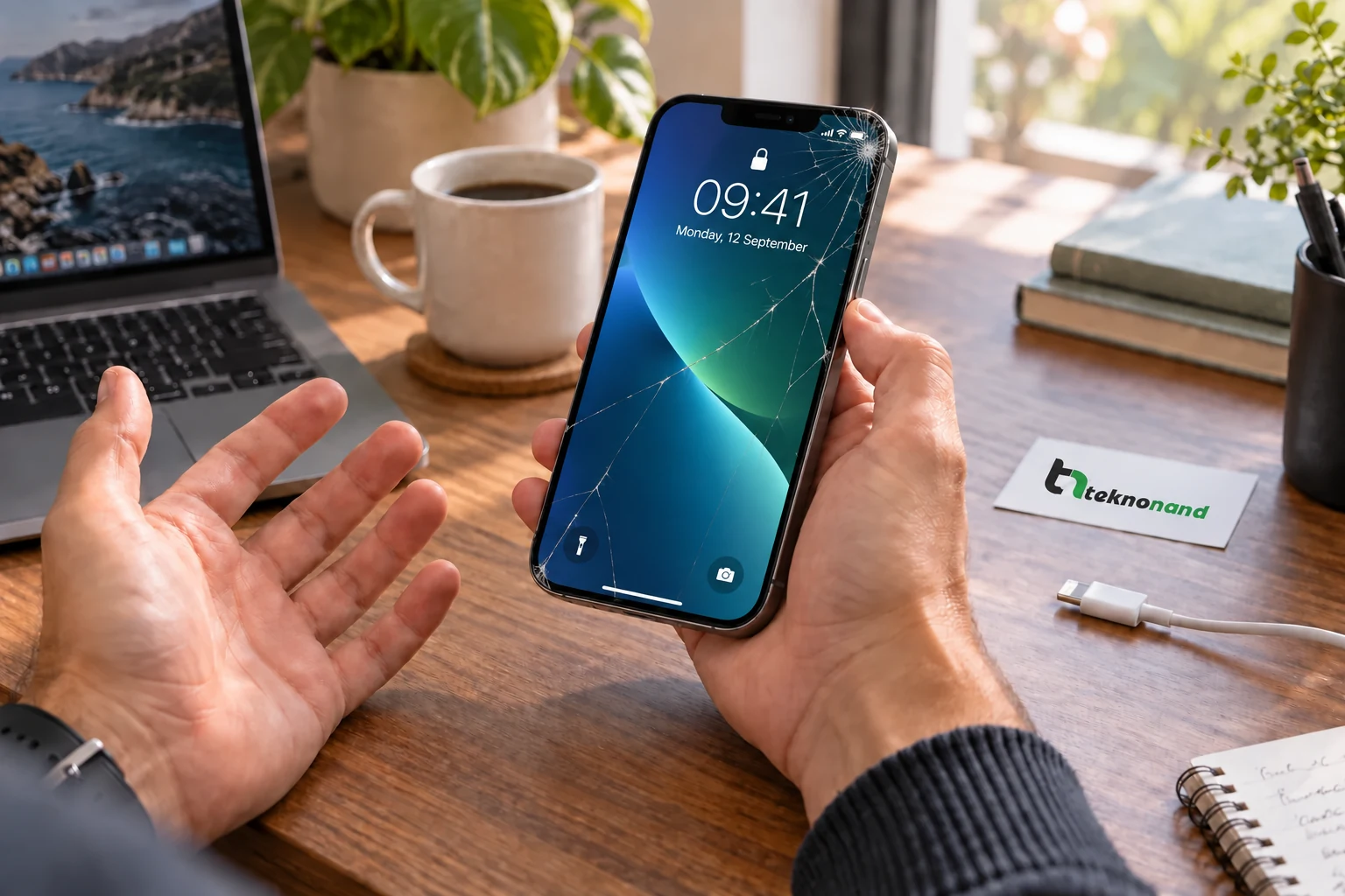 iPhone 13 Pro Max ön camındaki çatlağı fark eden müşteri; görüntüsü çalışan ekran ve Teknonand logolu masa