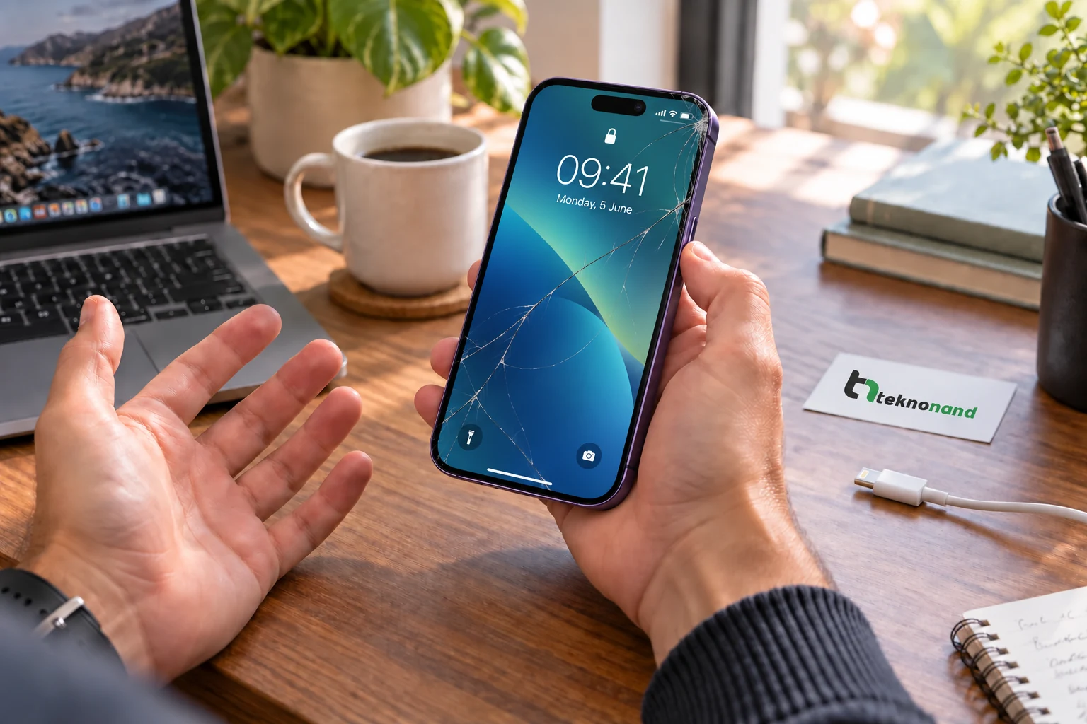 iPhone 14 Pro ön camındaki çatlağı fark eden müşteri; görüntüsü çalışan ekran ve Teknonand logolu masa