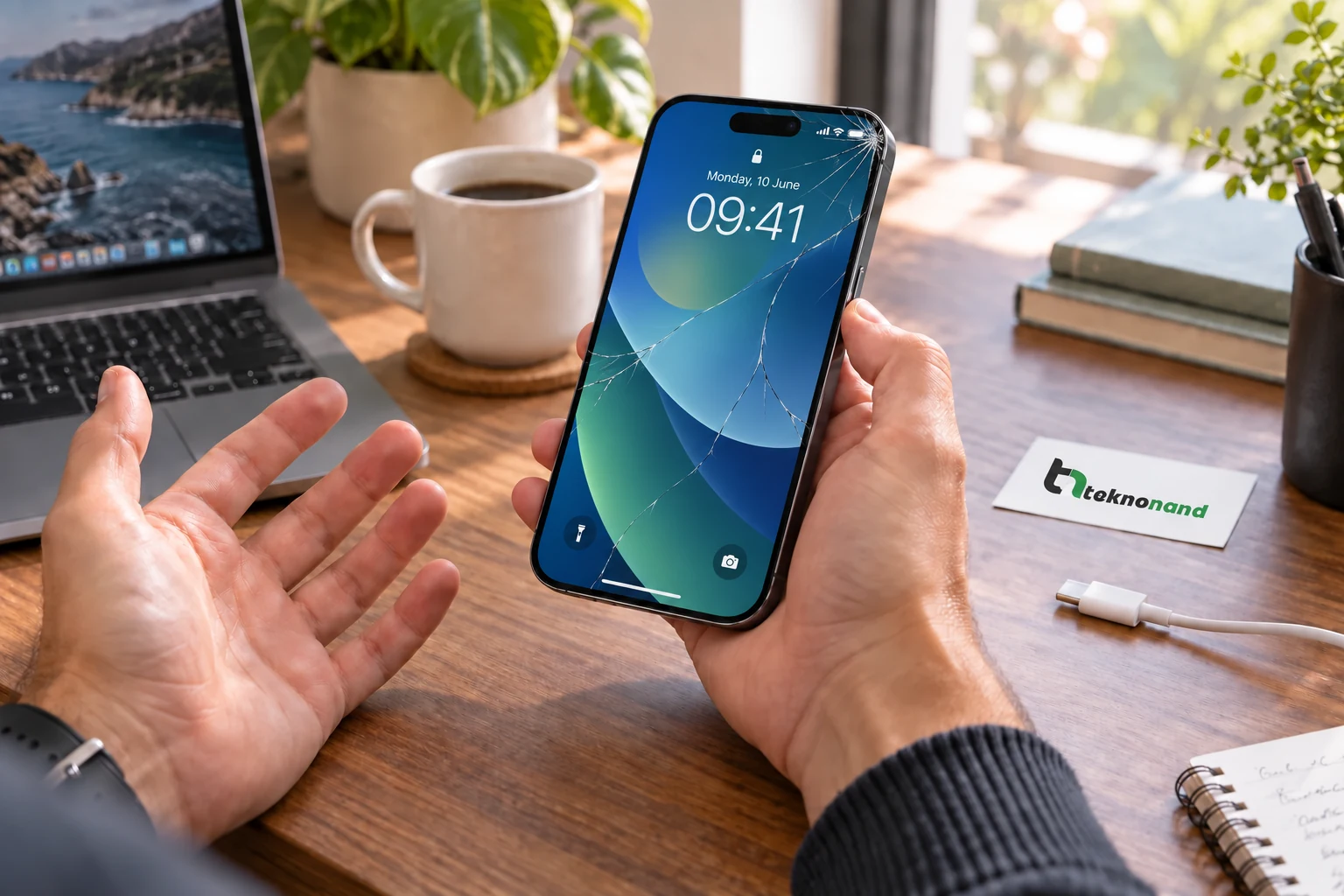 iPhone 14 Pro Max ön camındaki çatlağı fark eden müşteri; görüntüsü çalışan ekran ve Teknonand logolu masa