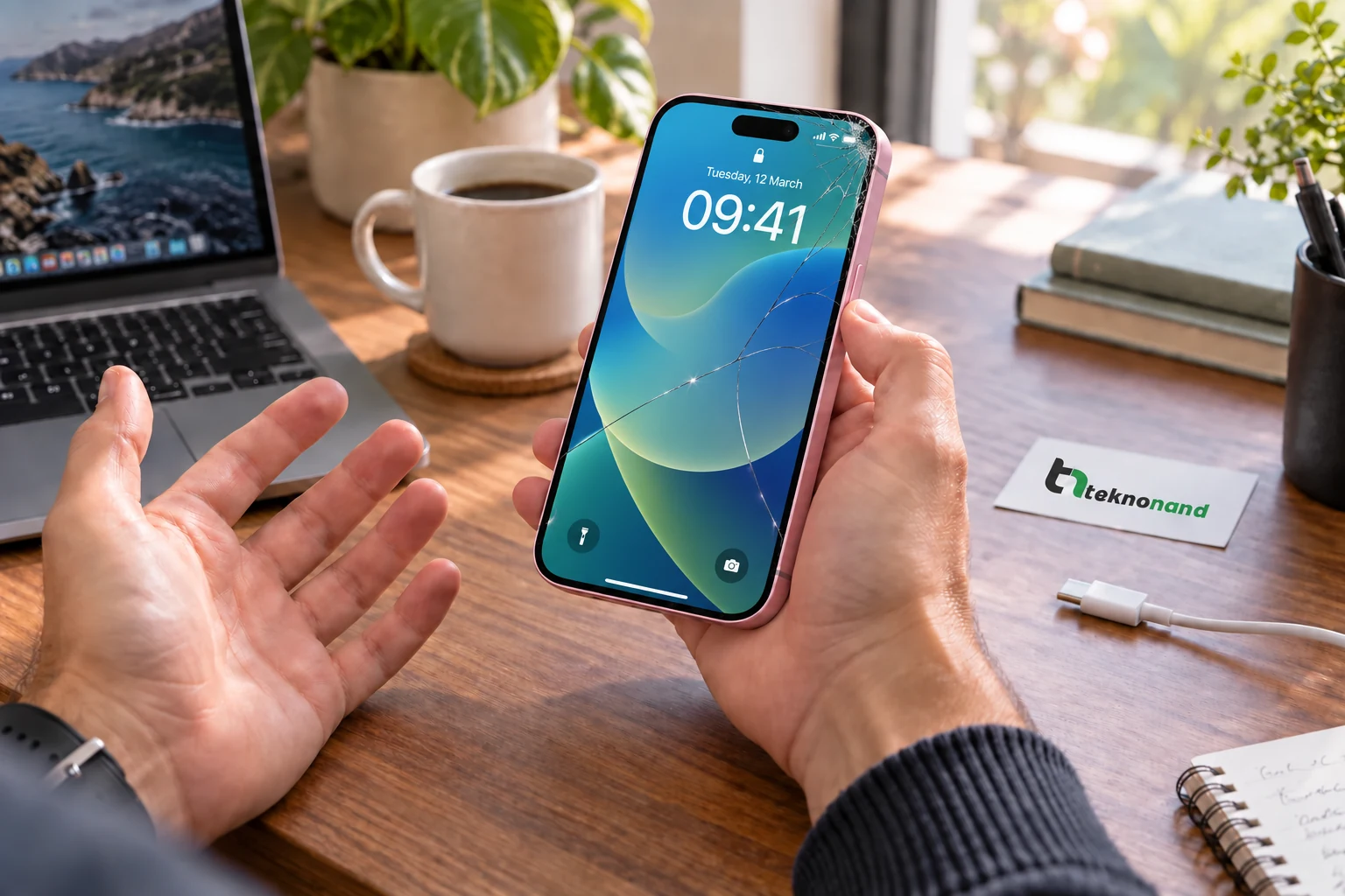 iPhone 15 ön camındaki çatlağı fark eden müşteri; görüntüsü çalışan ekran ve Teknonand logolu masa