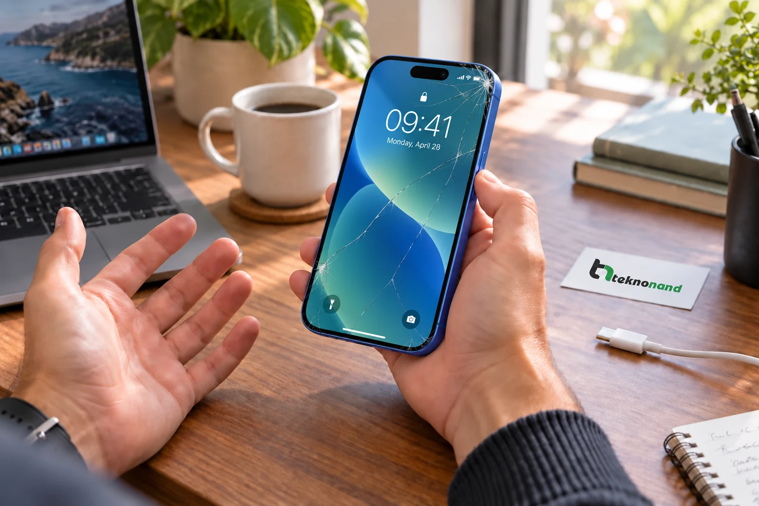 iPhone 16 ön camındaki çatlağı fark eden müşteri; görüntüsü çalışan ekran ve Teknonand logolu masa