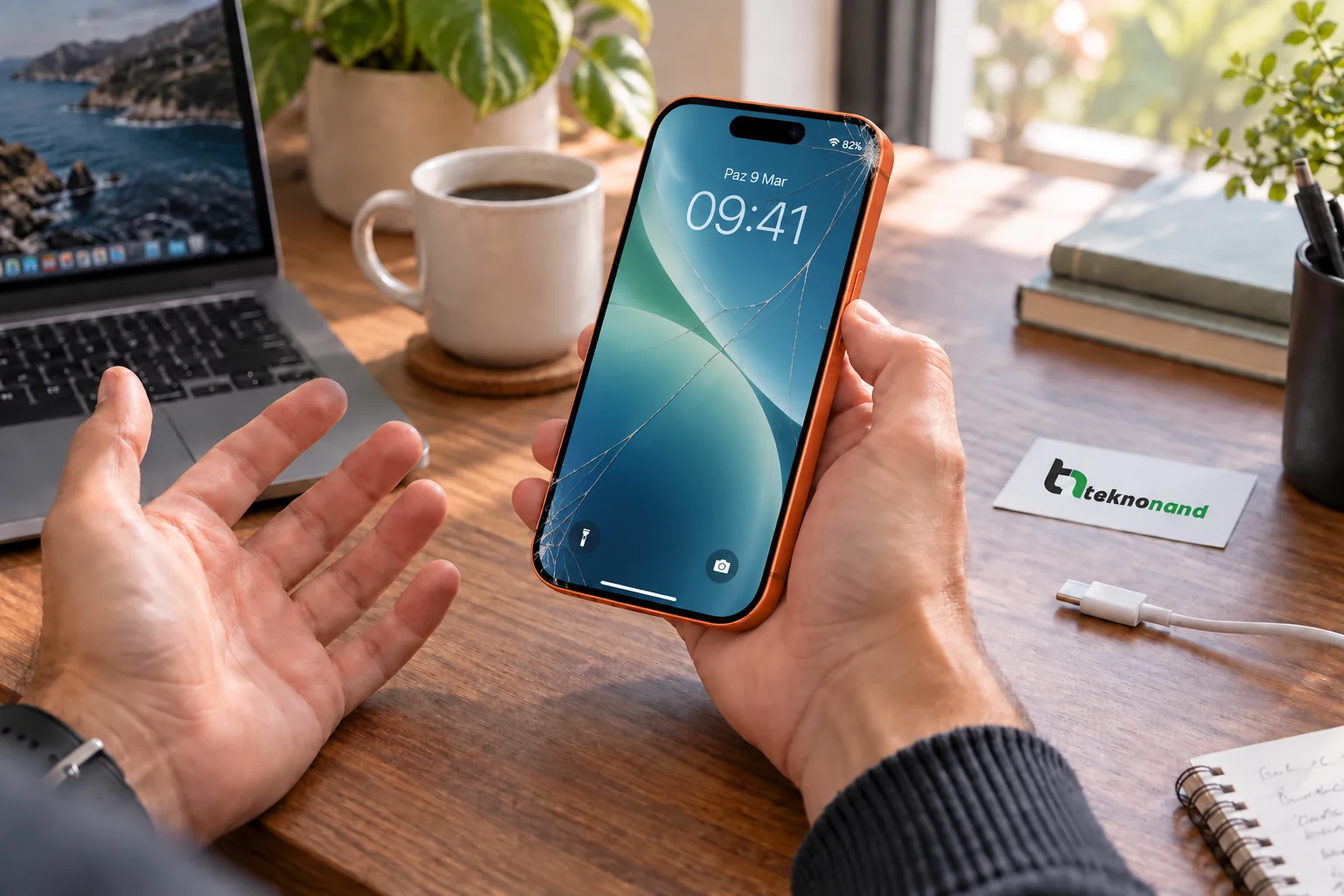 iPhone 17 Pro ön camındaki çatlağı fark eden müşteri; görüntüsü çalışan ekran ve Teknonand logolu masa