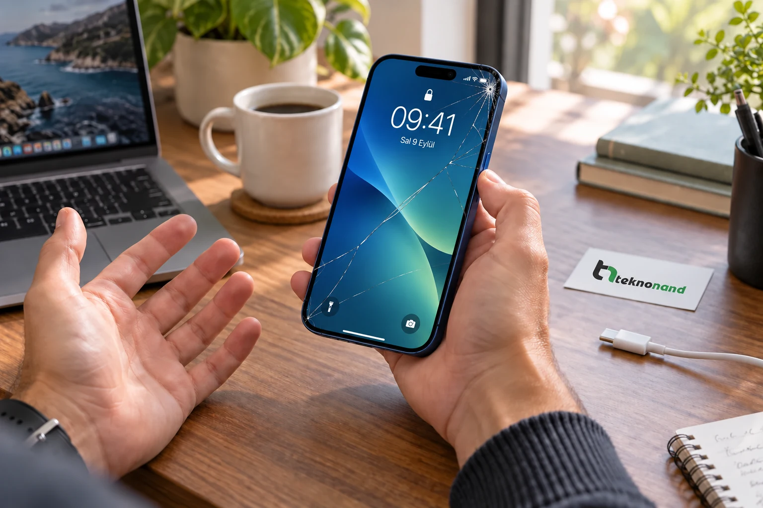 iPhone 17 Pro Max ön camındaki çatlağı fark eden müşteri; görüntüsü çalışan ekran ve Teknonand logolu masa