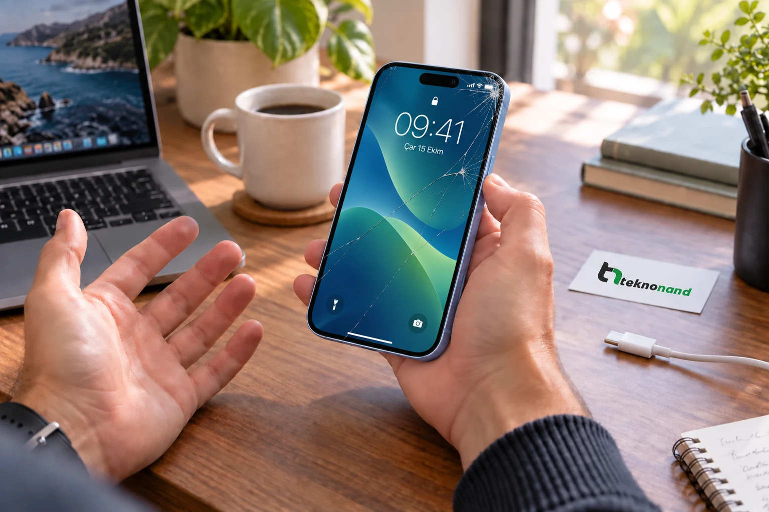 iPhone 18 Pro ön camındaki çatlağı fark eden müşteri; görüntüsü çalışan ekran ve Teknonand logolu masa