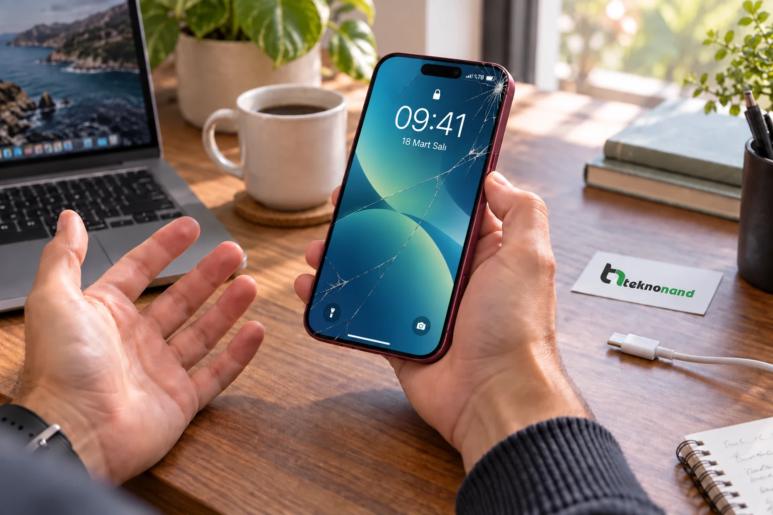 iPhone 18 Pro Max ön camındaki çatlağı fark eden müşteri; görüntüsü çalışan ekran ve Teknonand logolu masa