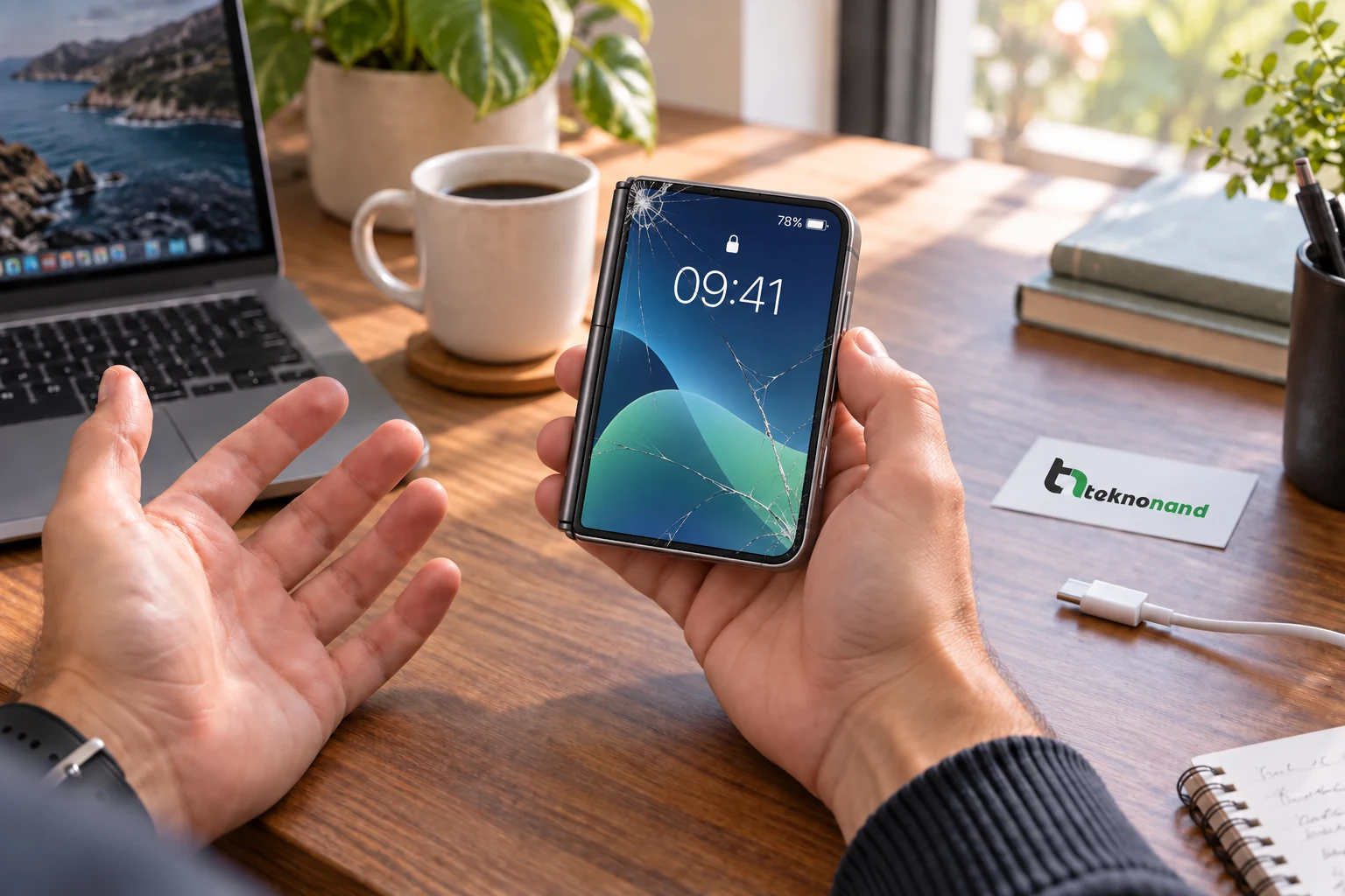 iPhone Duo ön camındaki çatlağı fark eden müşteri; görüntüsü çalışan ekran ve Teknonand logolu masa