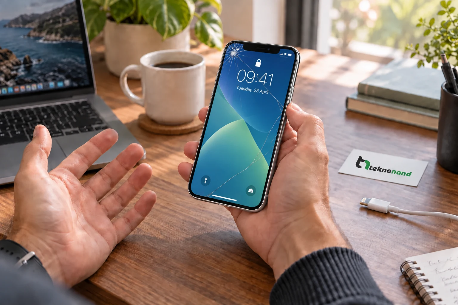 iPhone X ön camındaki çatlağı fark eden müşteri; görüntüsü çalışan ekran ve Teknonand logolu masa