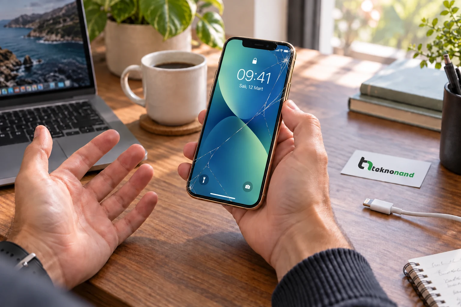 iPhone XS ön camındaki çatlağı fark eden müşteri; görüntüsü çalışan ekran ve Teknonand logolu masa